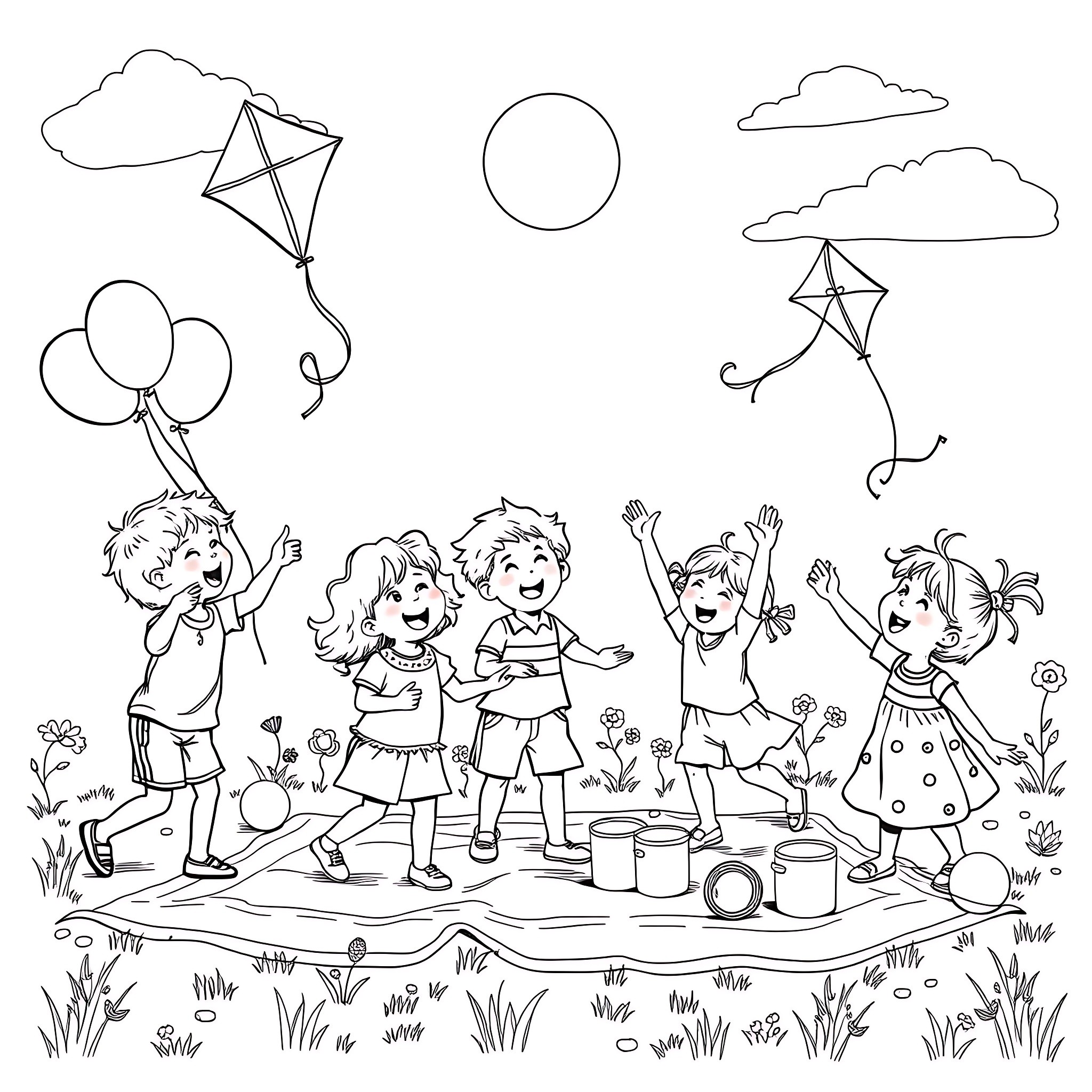 Children playing with kites and balloons in the park Coloring Page (free black-and-white line drawing printable PDF for all, from beginners to advanced learners, including children, teens, adults, and seniors)