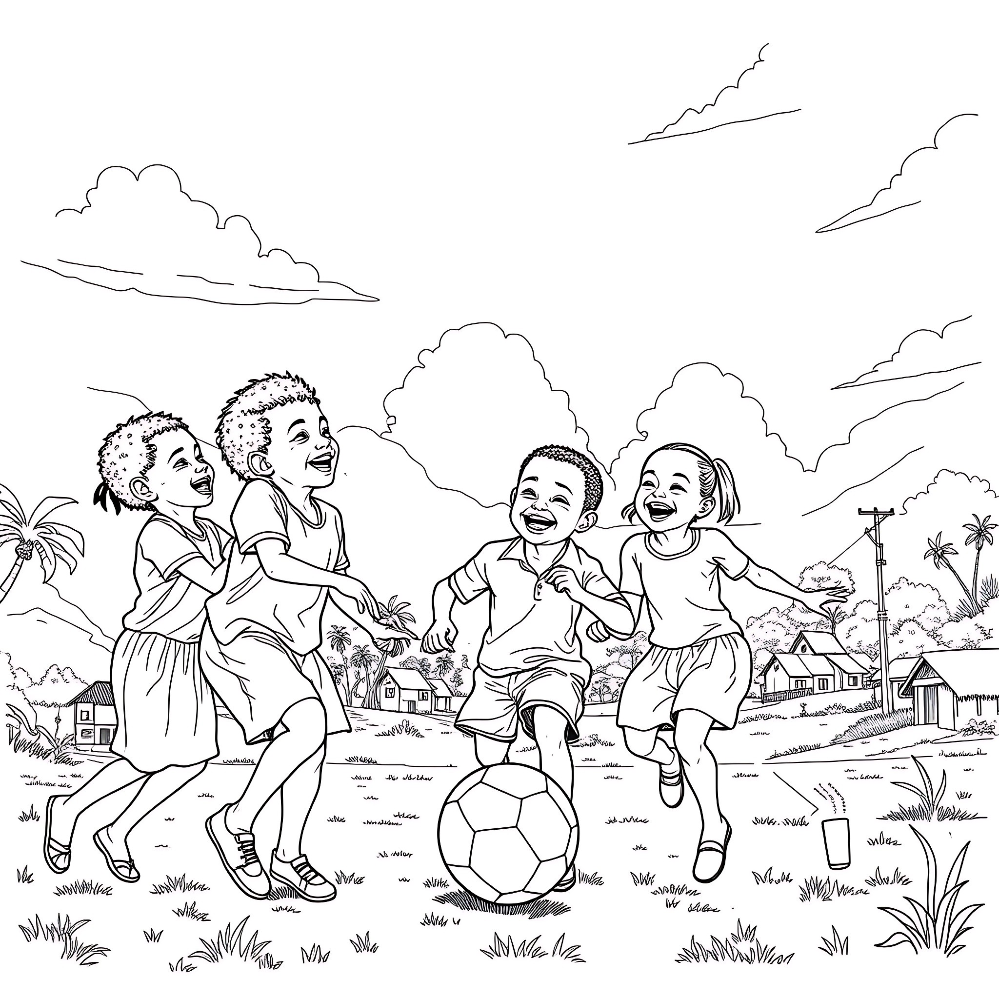 Football game with joyful kids in the park Coloring Page (free black-and-white line drawing printable PDF for all, from beginners to advanced learners, including children, teens, adults, and seniors)