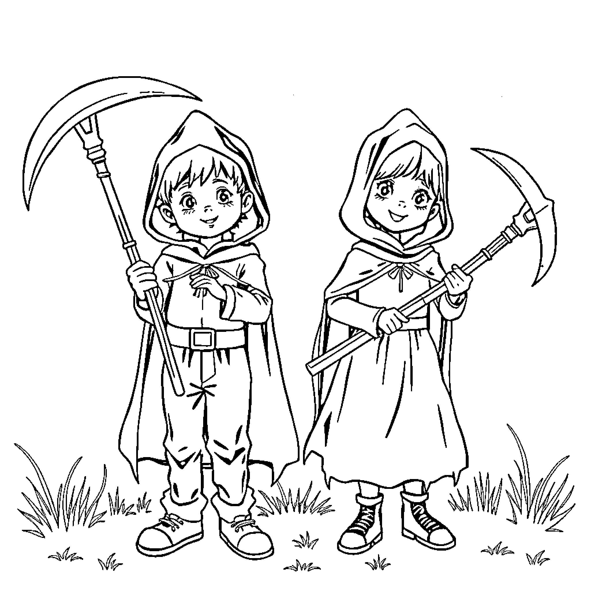 Grim Reapers in Hooded Cloaks with Scythes Coloring Page (free black-and-white line drawing printable PDF for all, from beginners to advanced learners, including children, teens, adults, and seniors)