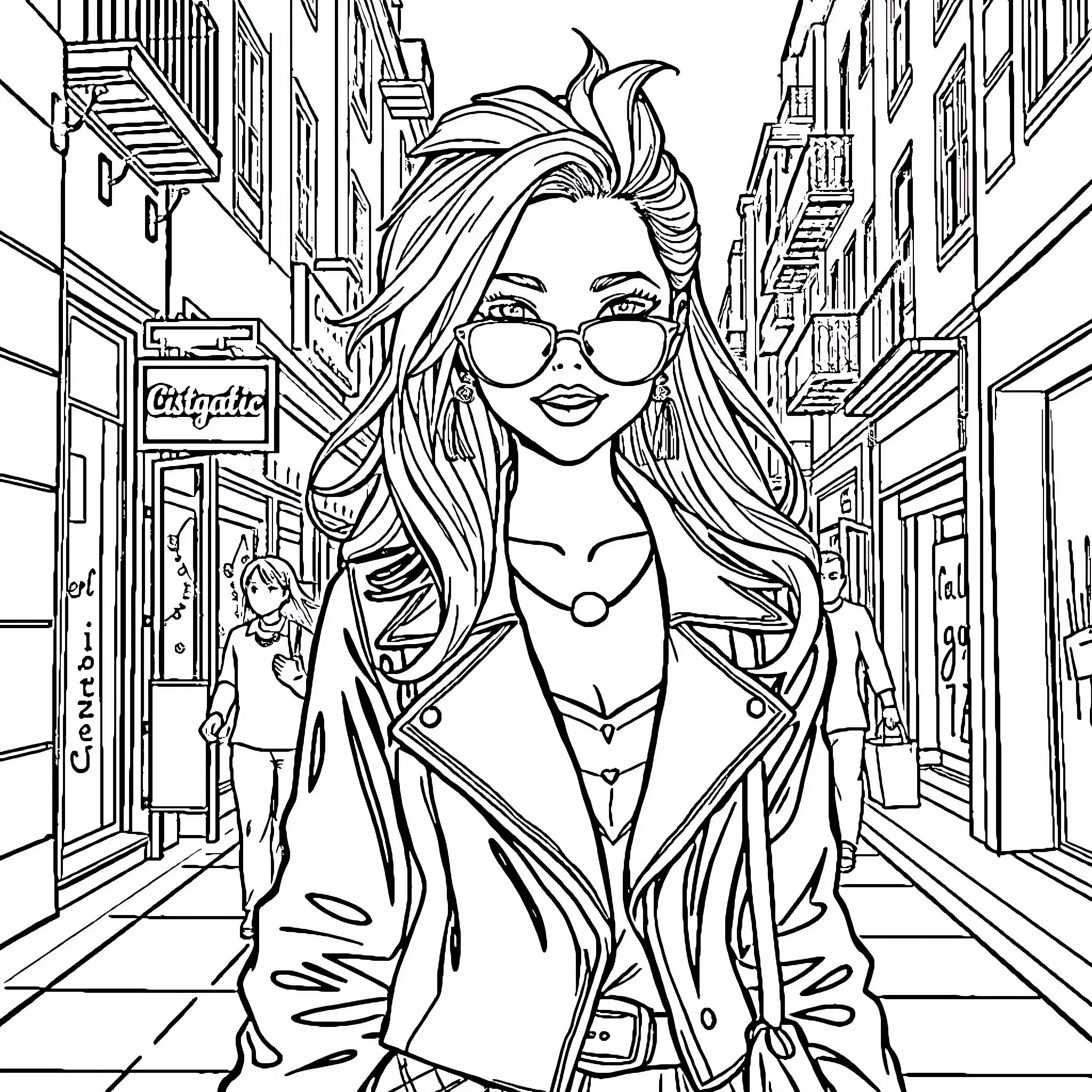Gyaru enjoying a vibrant urban scene Coloring Page (free black-and-white line drawing printable PDF for all, from beginners to advanced learners, including children, teens, adults, and seniors)