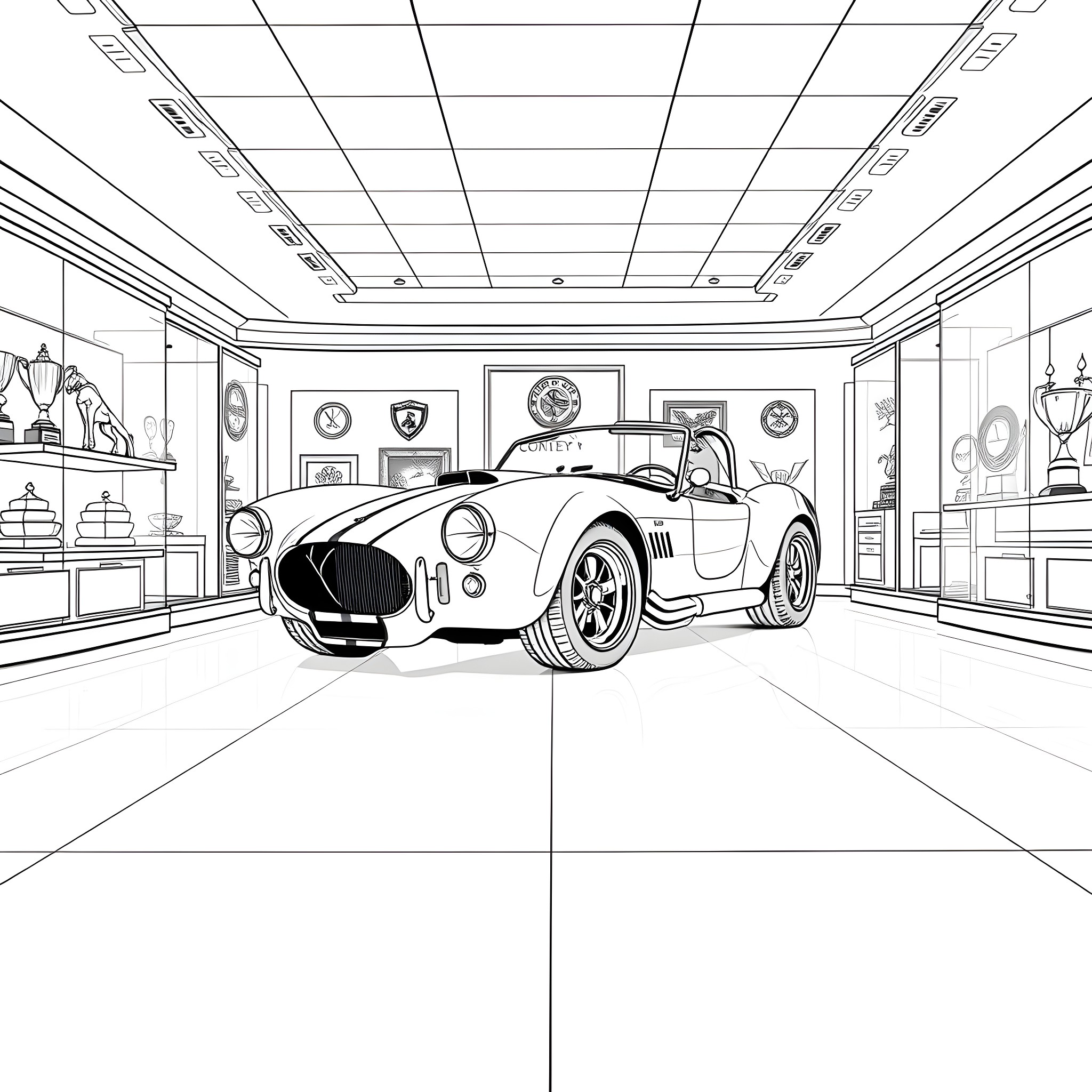 Shelby Cobra racing in a trophy-filled garage Coloring Page (free black-and-white line drawing printable PDF for all, from beginners to advanced learners, including children, teens, adults, and seniors)