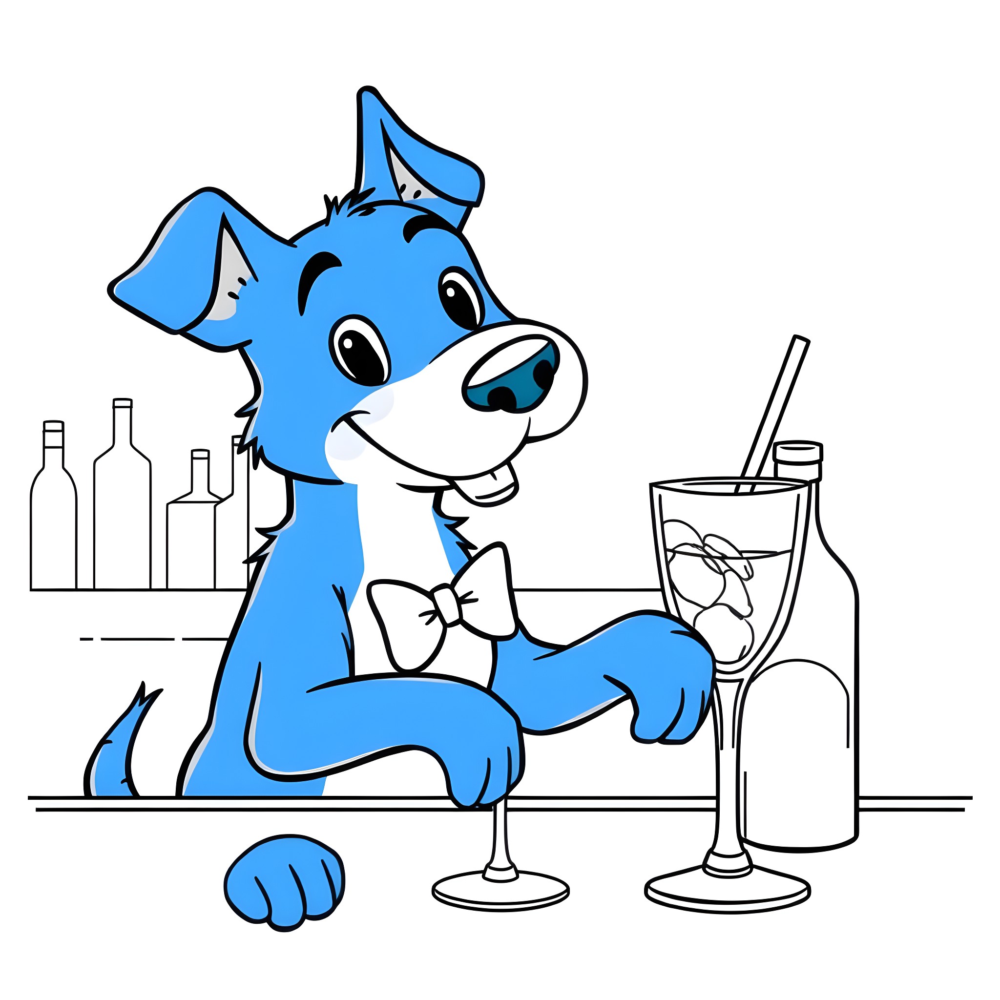 Bluey enjoying a drink at the bar Coloring Page (free black-and-white line drawing printable PDF for all, from beginners to advanced learners, including children, teens, adults, and seniors)