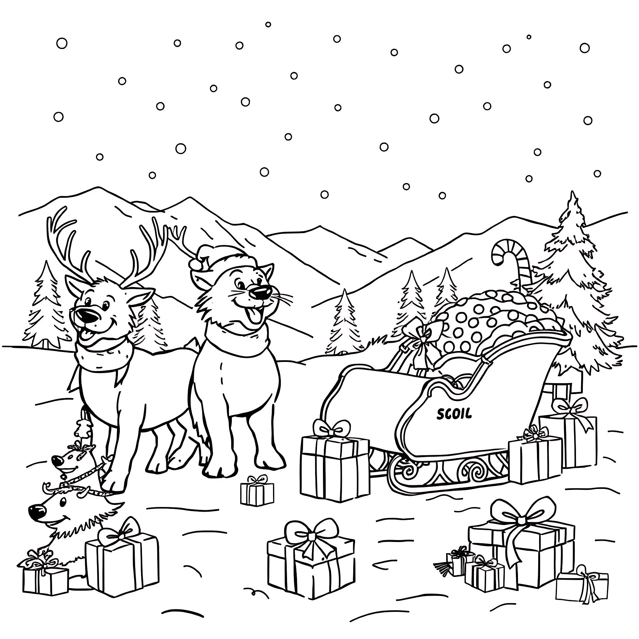Cougar Christmas Celebration in Snowy Landscape Coloring Page (free black-and-white line drawing printable PDF for all, from beginners to advanced learners, including children, teens, adults, and seniors)