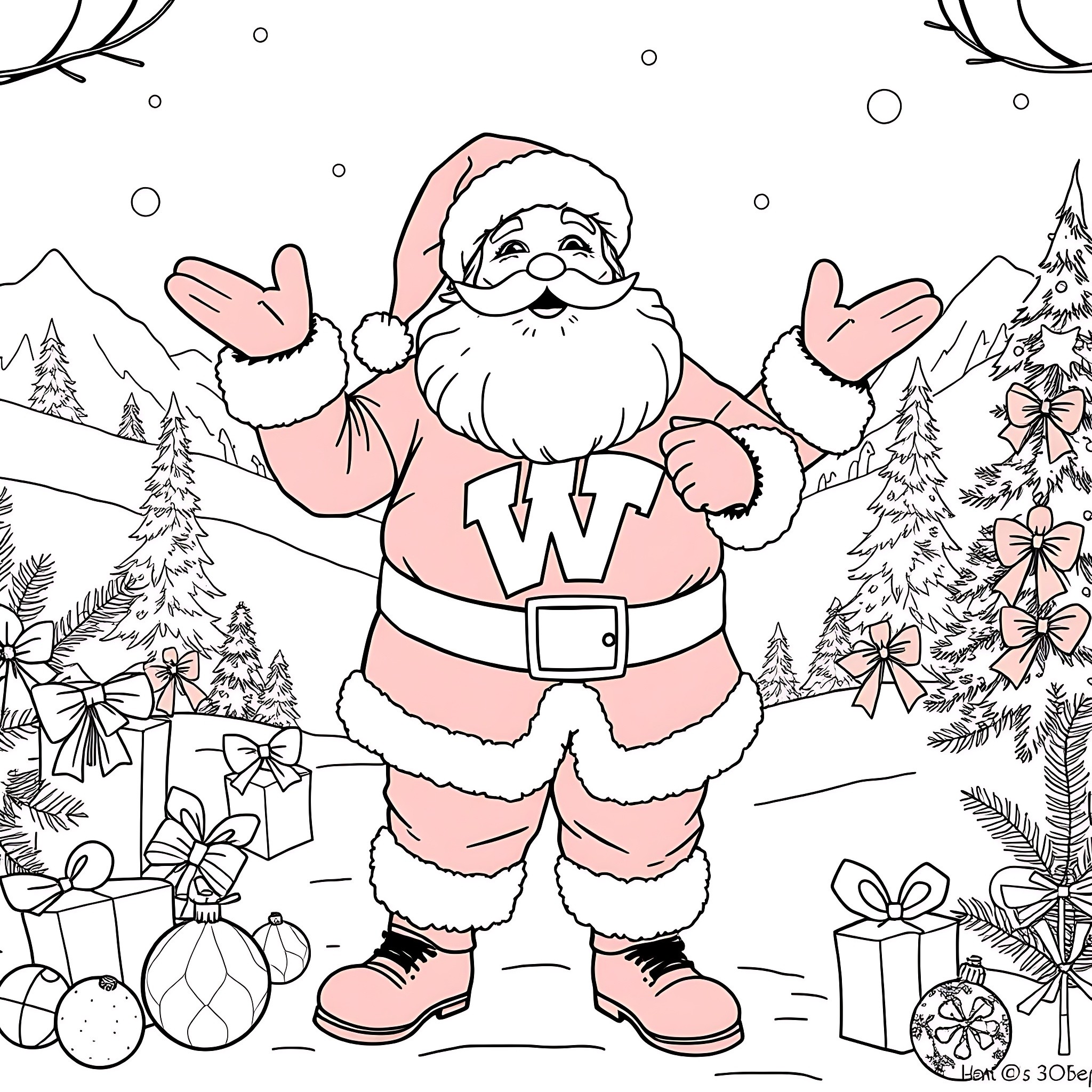 Santa Claus spreading joy in the winter wonderland Coloring Page (free black-and-white line drawing printable PDF for all, from beginners to advanced learners, including children, teens, adults, and seniors)