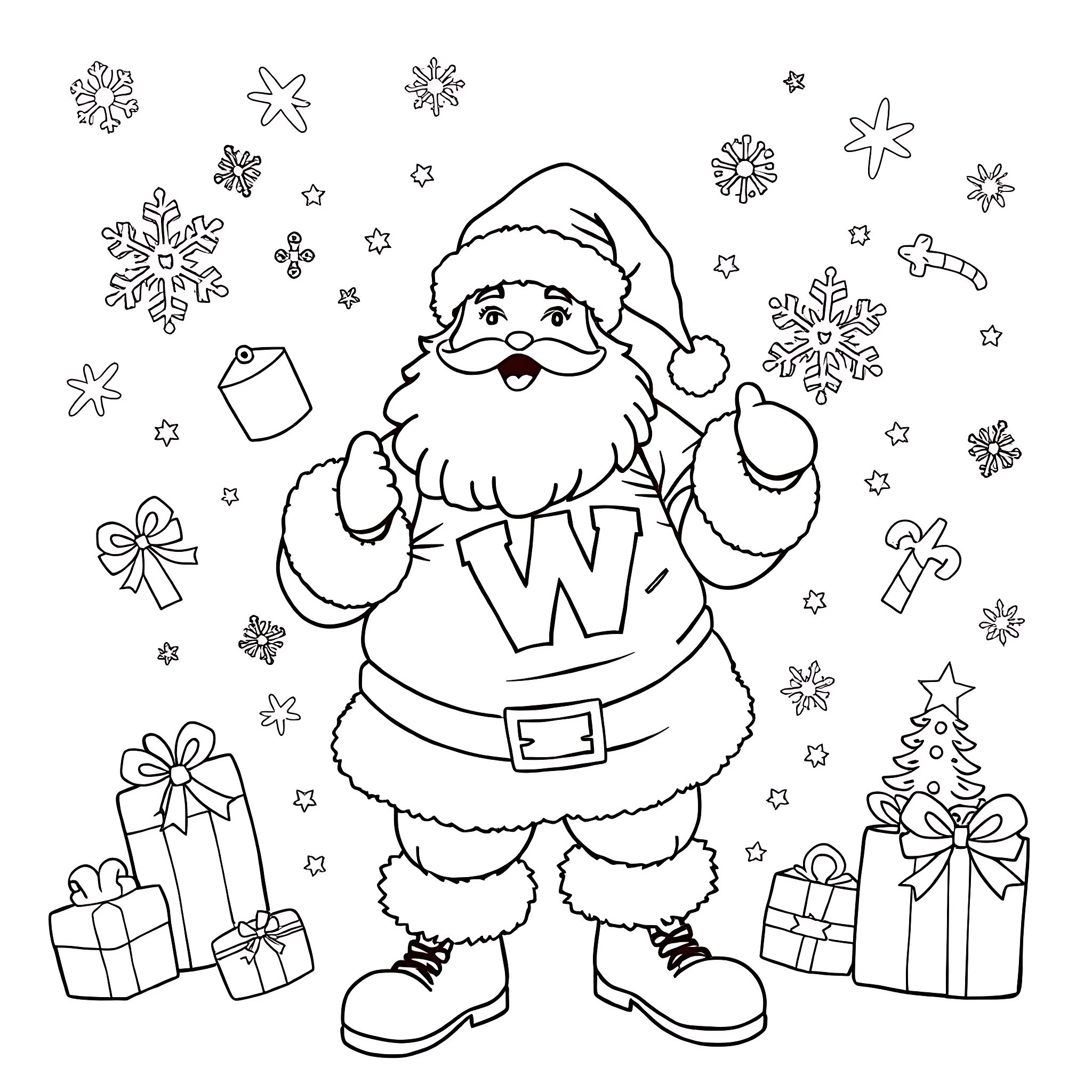 Santa Claus waving and surrounded by snowflakes and gifts Coloring Page (free black-and-white line drawing printable PDF for all, from beginners to advanced learners, including children, teens, adults, and seniors)
