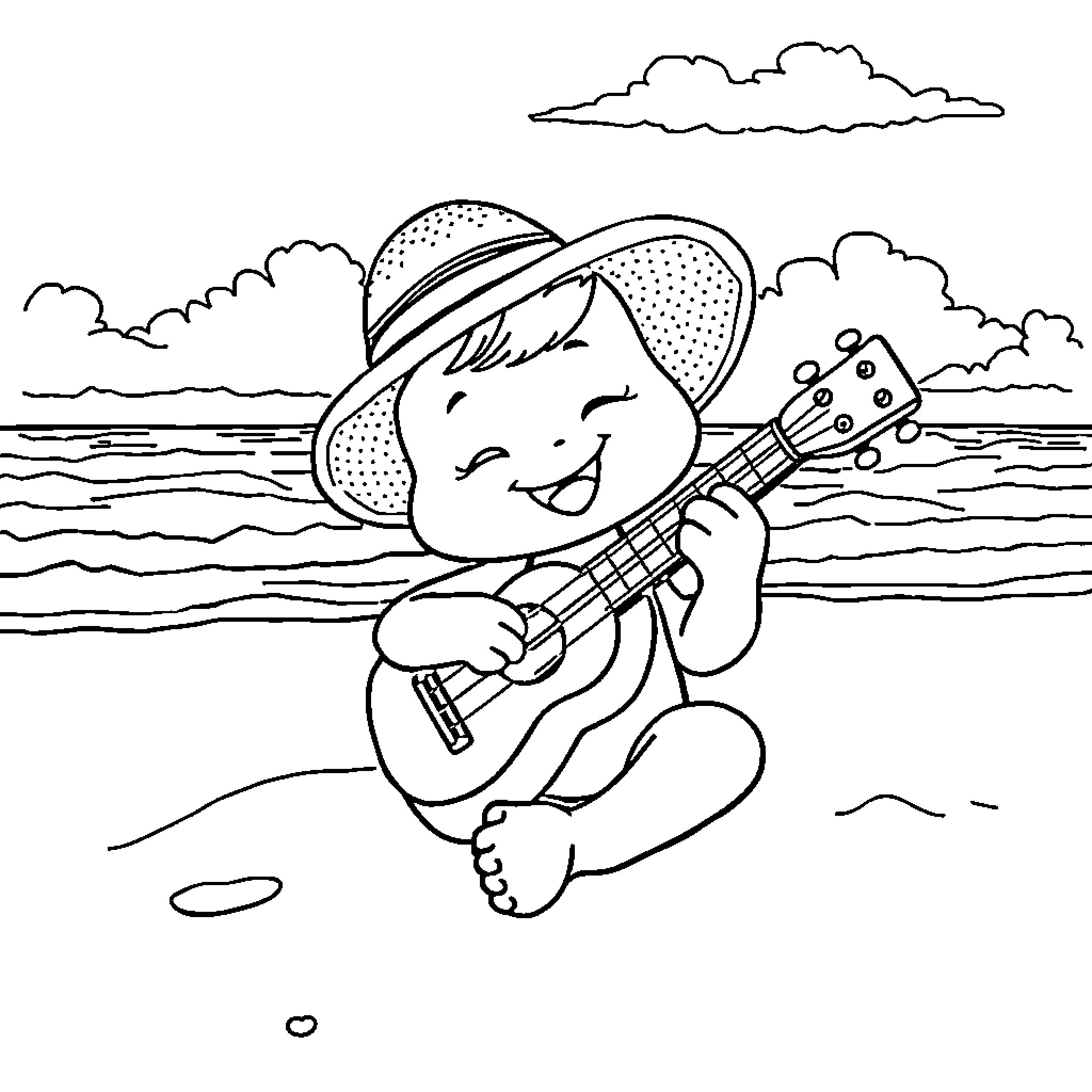 Bluey playing guitar on the beach Coloring Page (free black-and-white line drawing printable PDF for all, from beginners to advanced learners, including children, teens, adults, and seniors)
