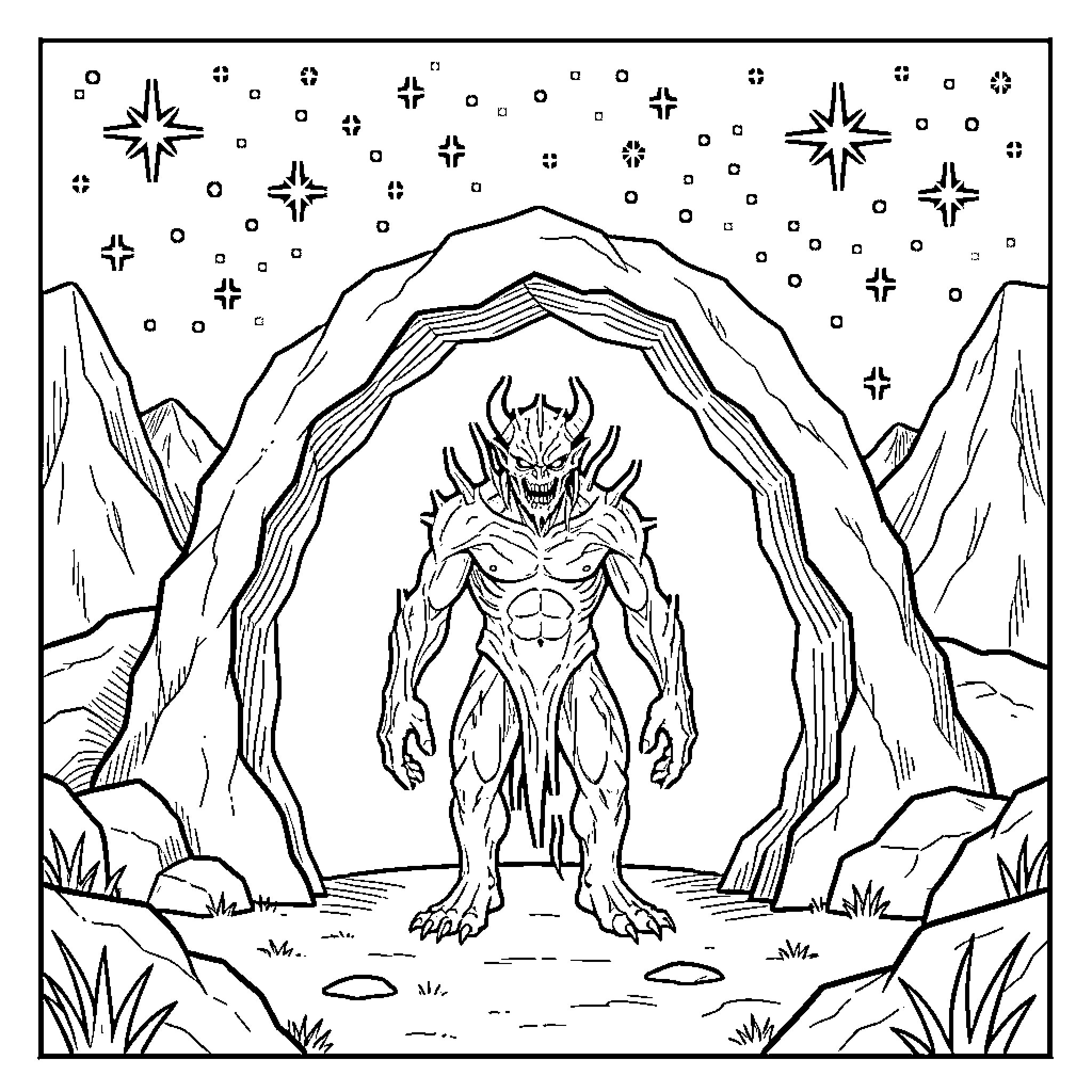 Monstre standing menacingly under a starry night sky Coloring Page (free black-and-white line drawing printable PDF for all, from beginners to advanced learners, including children, teens, adults, and seniors)