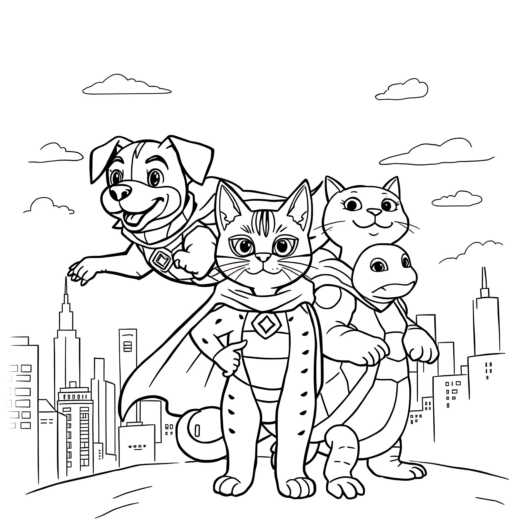 Pet Superheroes Saving the City Coloring Page (free black-and-white line drawing printable PDF for all, from beginners to advanced learners, including children, teens, adults, and seniors)