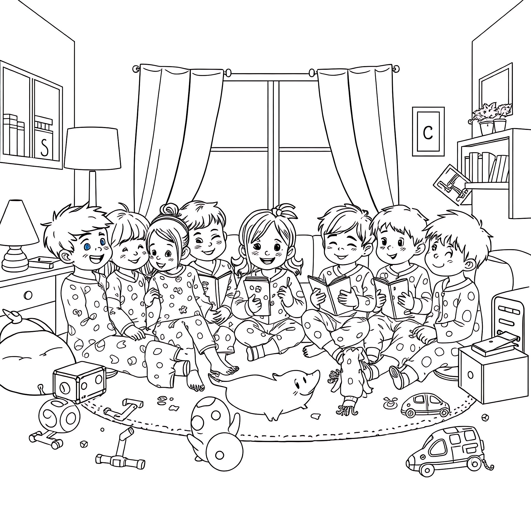 Kids playing with toys in their bedroom Coloring Page (free black-and-white line drawing printable PDF for all, from beginners to advanced learners, including children, teens, adults, and seniors)