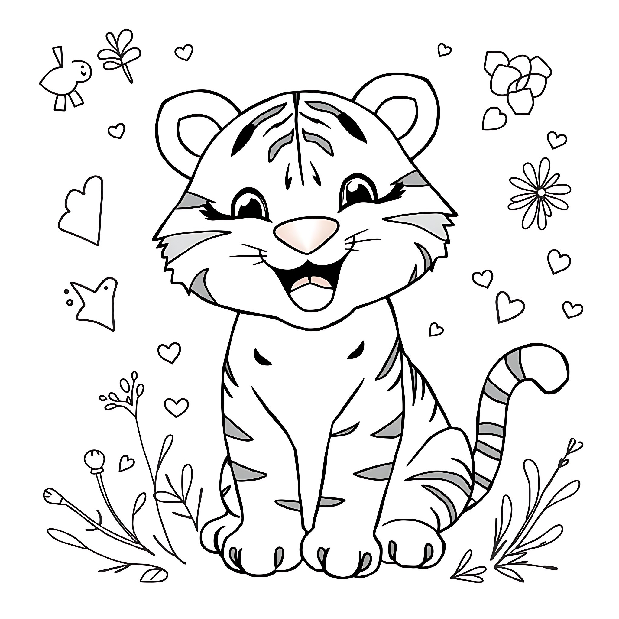 Tiger cub playing happily with flowers and hearts Coloring Page (free black-and-white line drawing printable PDF for all, from beginners to advanced learners, including children, teens, adults, and seniors)