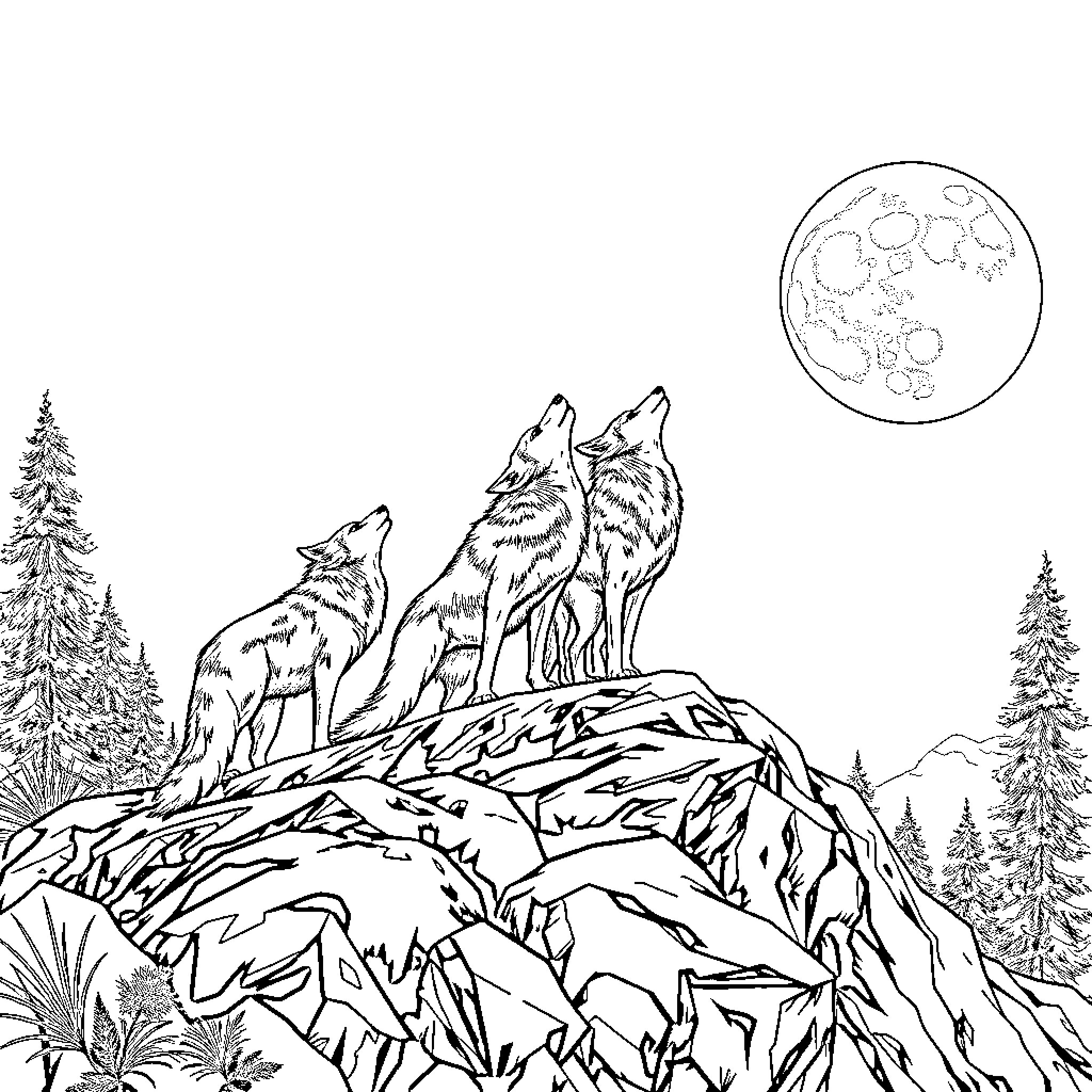Wolf trio howling at the moon in the wilderness Coloring Page (free black-and-white line drawing printable PDF for all, from beginners to advanced learners, including children, teens, adults, and seniors)