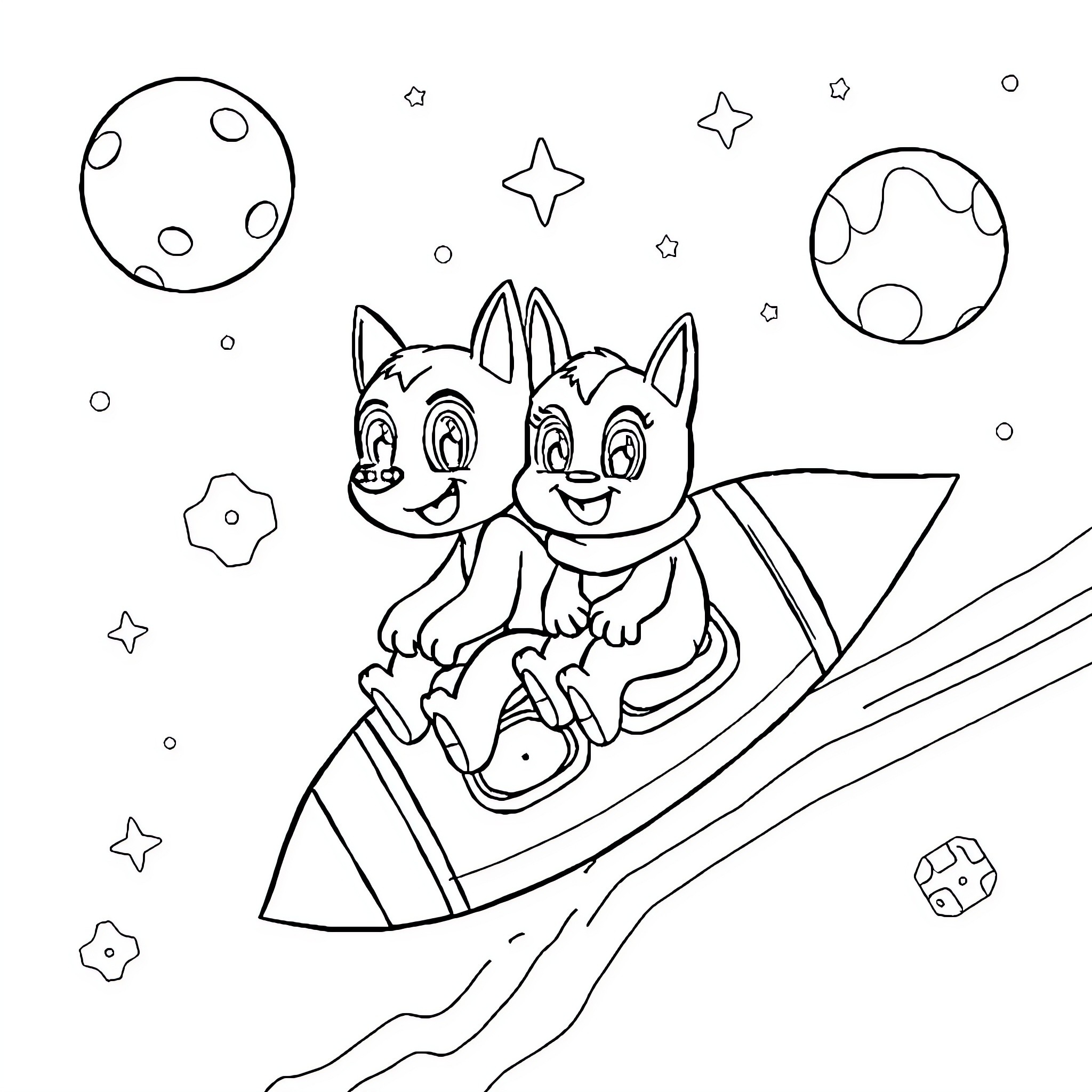 Bluey and Bingo's Cosmic Adventure Coloring Page (free black-and-white line drawing printable PDF for all, from beginners to advanced learners, including children, teens, adults, and seniors)