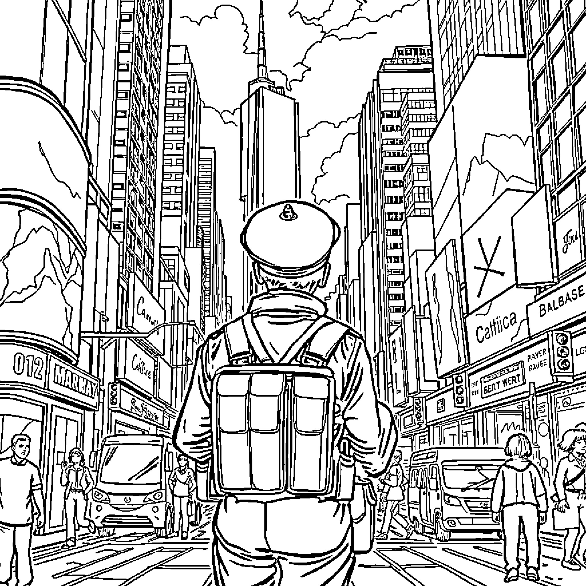 Sentry on the City Streets Coloring Page (free black-and-white line drawing printable PDF for all, from beginners to advanced learners, including children, teens, adults, and seniors)