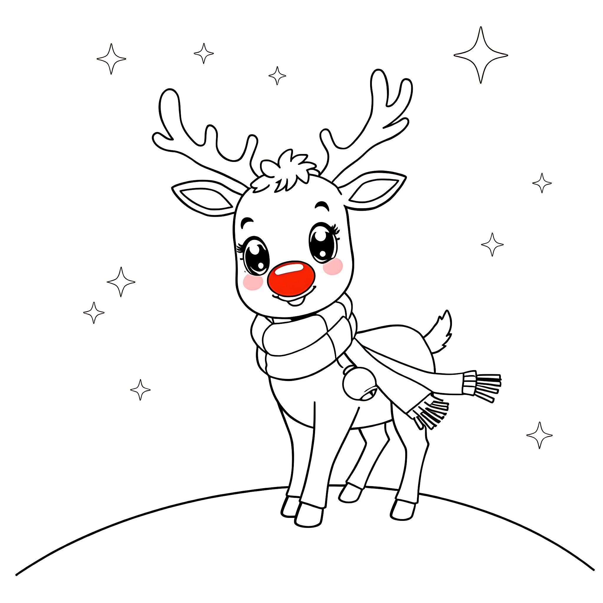 Reindeer in Festive Attire Amid Twinkling Stars Coloring Page (free black-and-white line drawing printable PDF for all, from beginners to advanced learners, including children, teens, adults, and seniors)