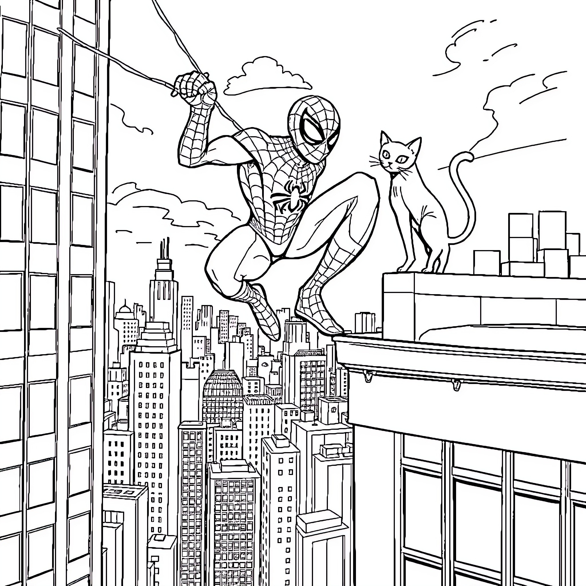 Spider-Man swinging over the city with a cat Coloring Page (free black-and-white line drawing printable PDF for all, from beginners to advanced learners, including children, teens, adults, and seniors)