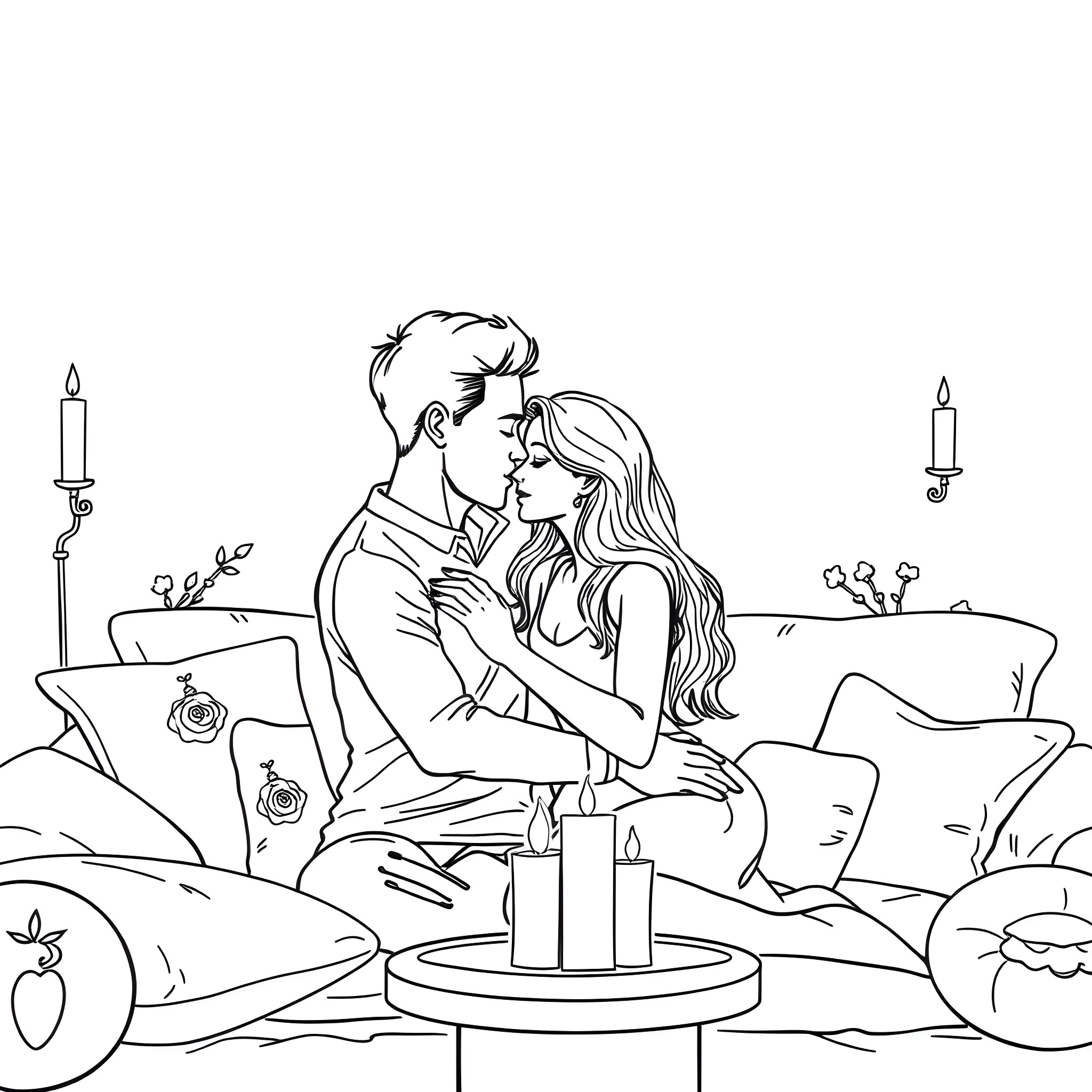 Mom and child embracing lovingly on bed Coloring Page (free black-and-white line drawing printable PDF for all, from beginners to advanced learners, including children, teens, adults, and seniors)