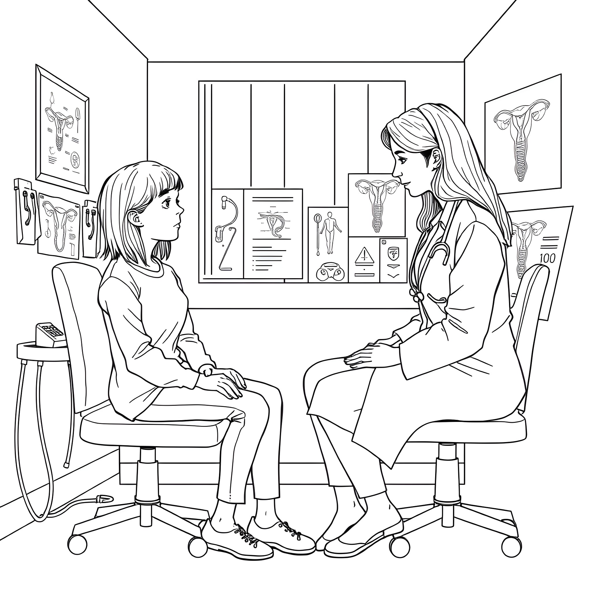 Teen girls discussing medical topics in doctor's office Coloring Page (free black-and-white line drawing printable PDF for all, from beginners to advanced learners, including children, teens, adults, and seniors)