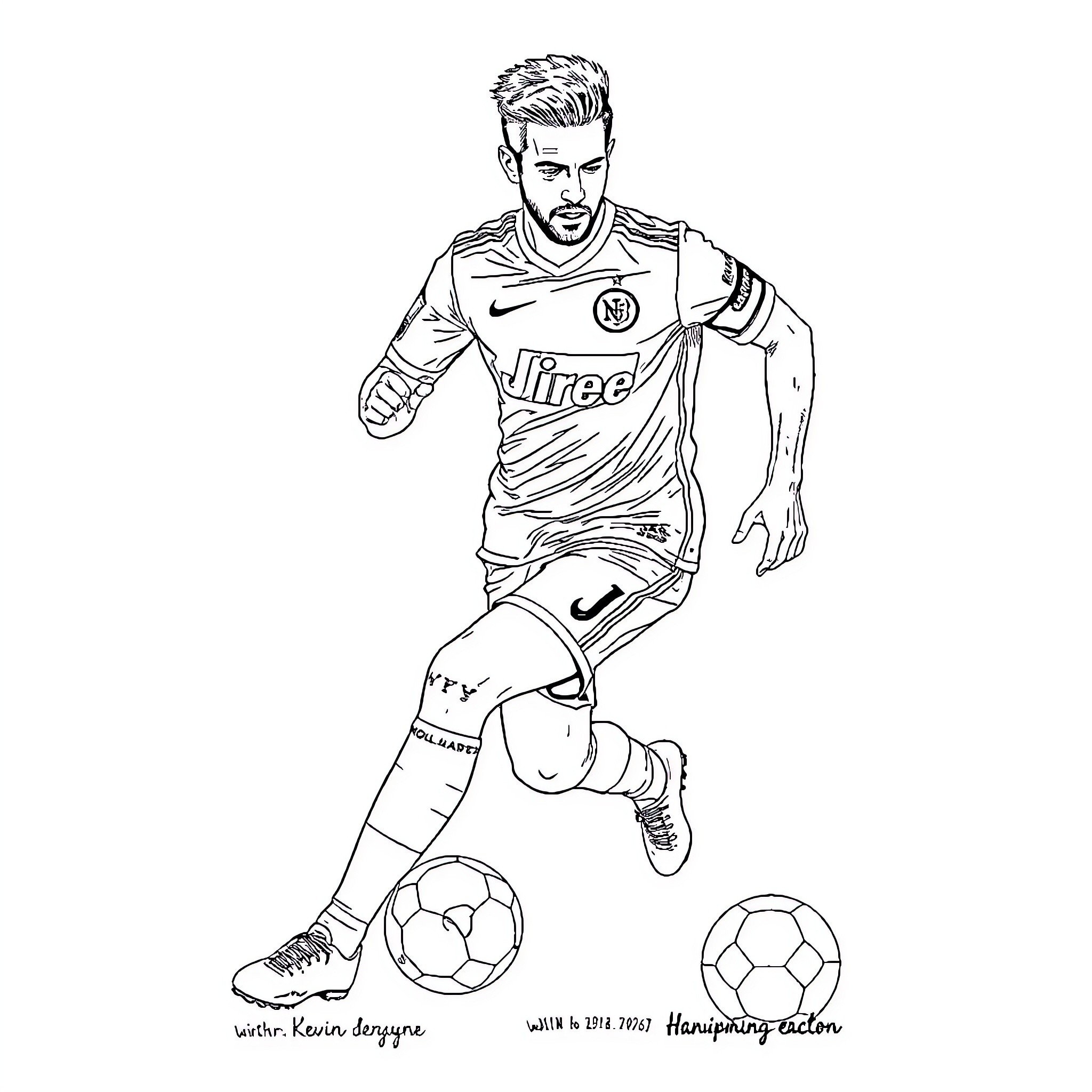 Kevin de Bruyne playing football with determination Coloring Page (free black-and-white line drawing printable PDF for all, from beginners to advanced learners, including children, teens, adults, and seniors)