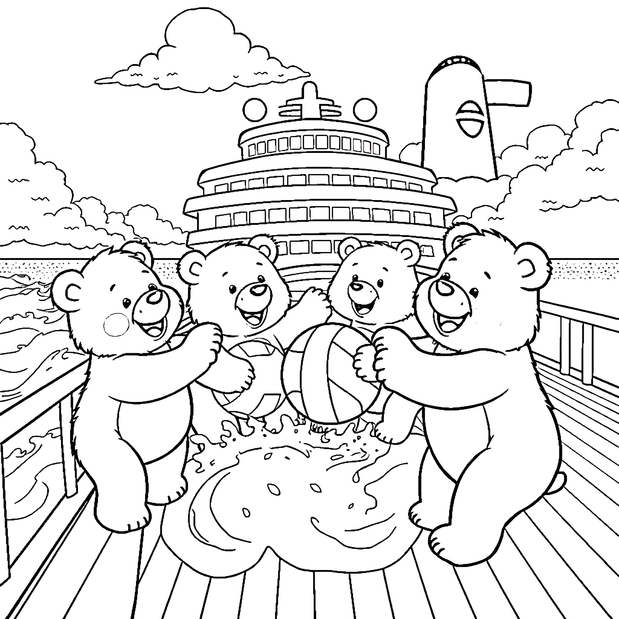 Carebear friends enjoy a day at the seaside Coloring Page (free black-and-white line drawing printable PDF for all, from beginners to advanced learners, including children, teens, adults, and seniors)
