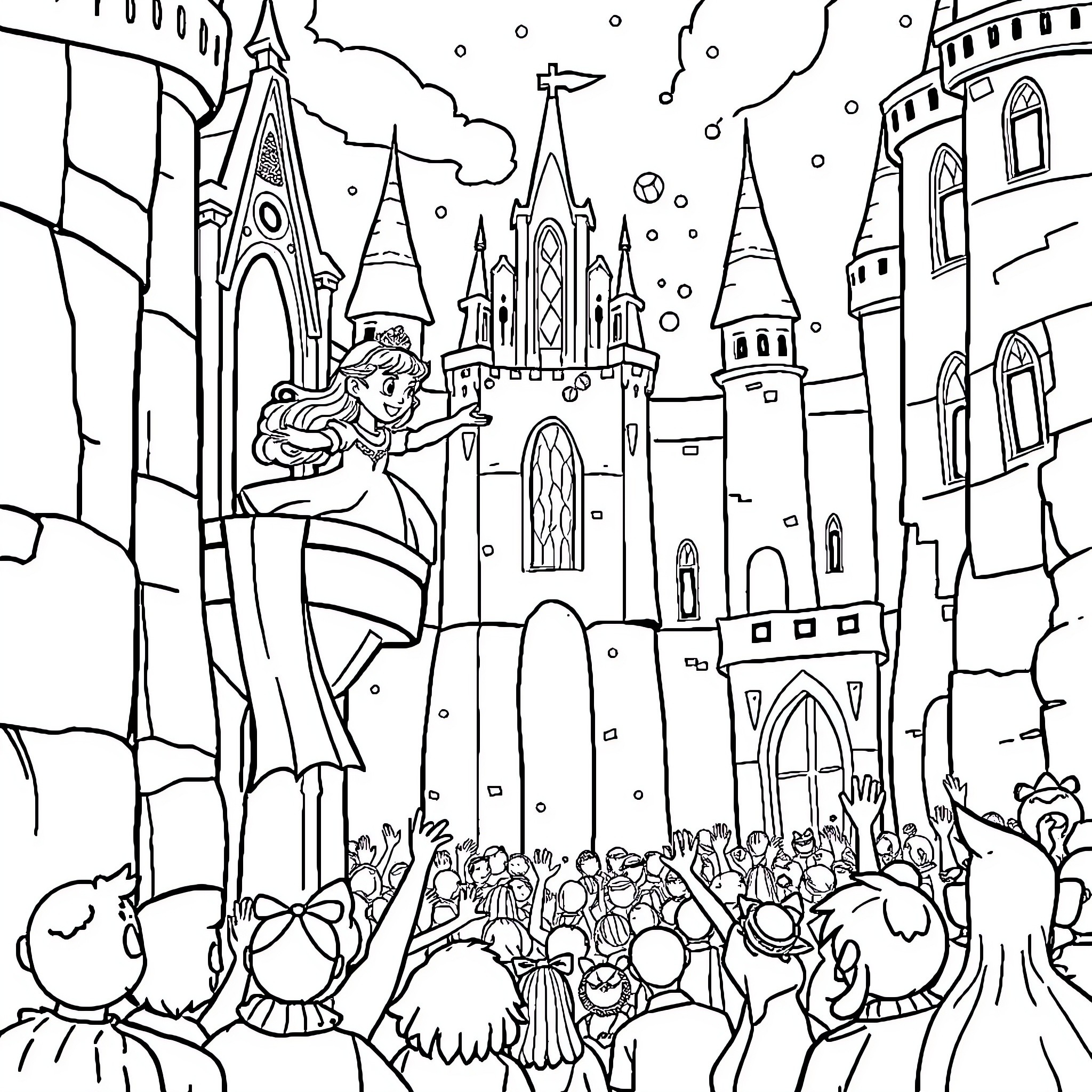 Princess Arriving at Enchanted Castle Celebration Coloring Page (free black-and-white line drawing printable PDF for all, from beginners to advanced learners, including children, teens, adults, and seniors)