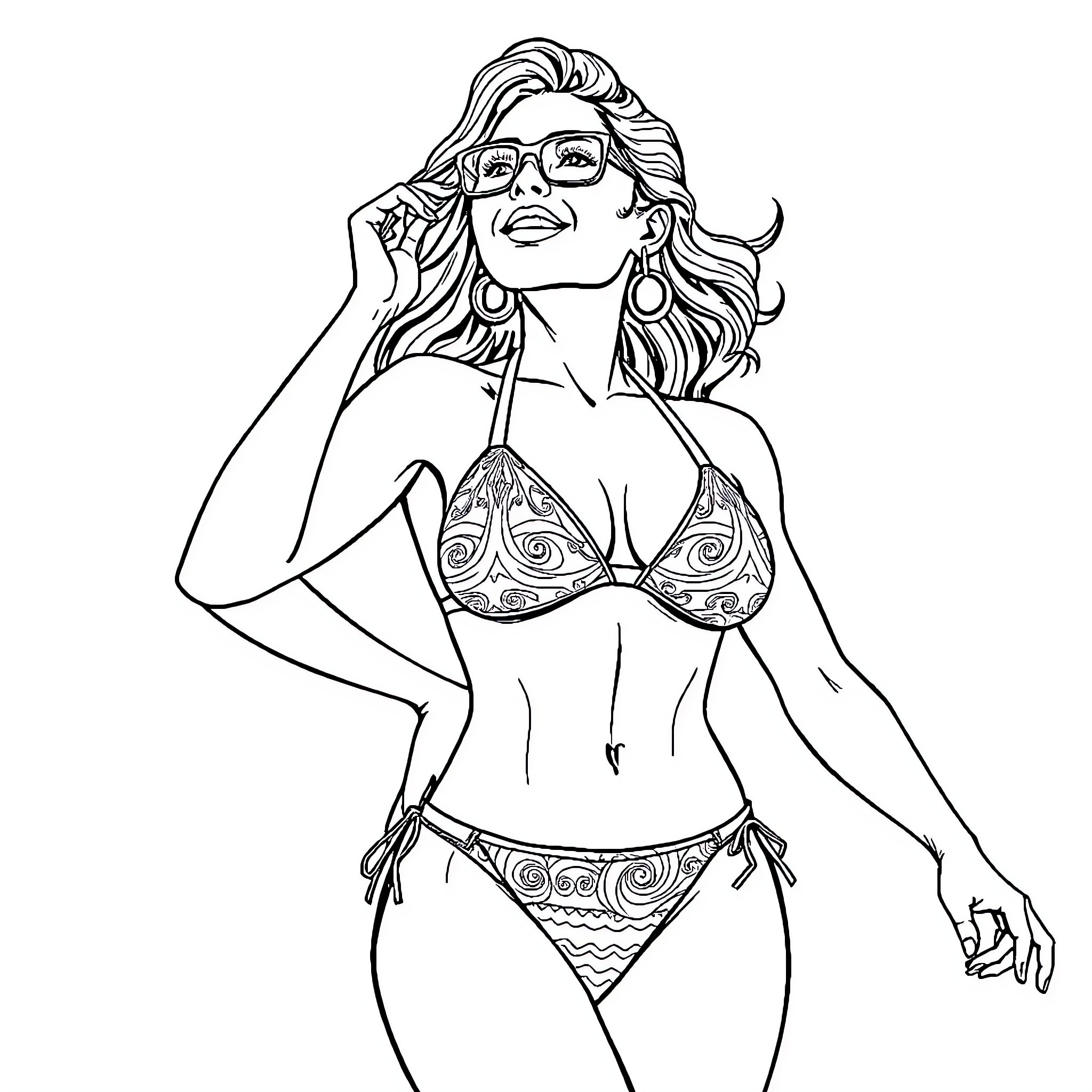 Woman in stylish swimwear posing confidently Coloring Page (free black-and-white line drawing printable PDF for all, from beginners to advanced learners, including children, teens, adults, and seniors)