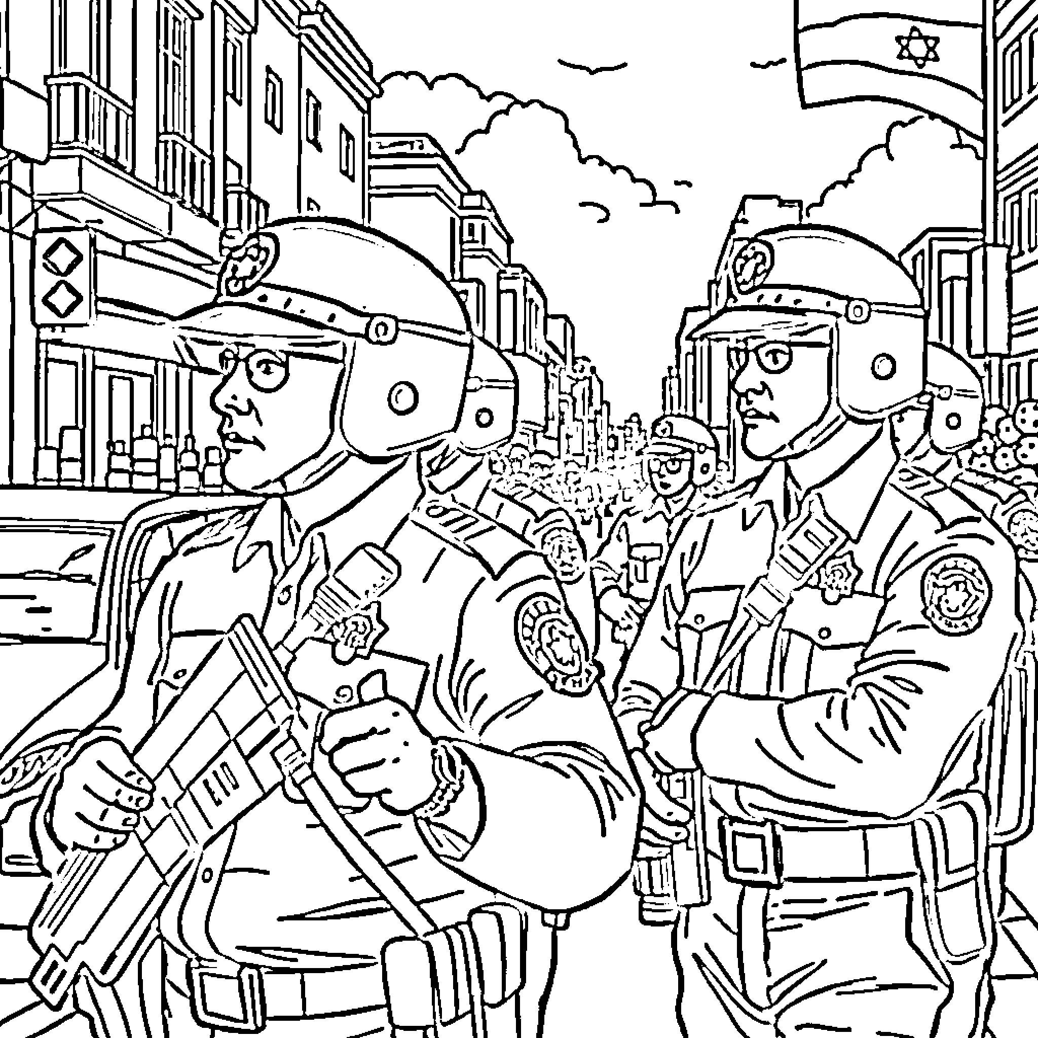 Police officers maintaining order in a crowded street Coloring Page (free black-and-white line drawing printable PDF for all, from beginners to advanced learners, including children, teens, adults, and seniors)