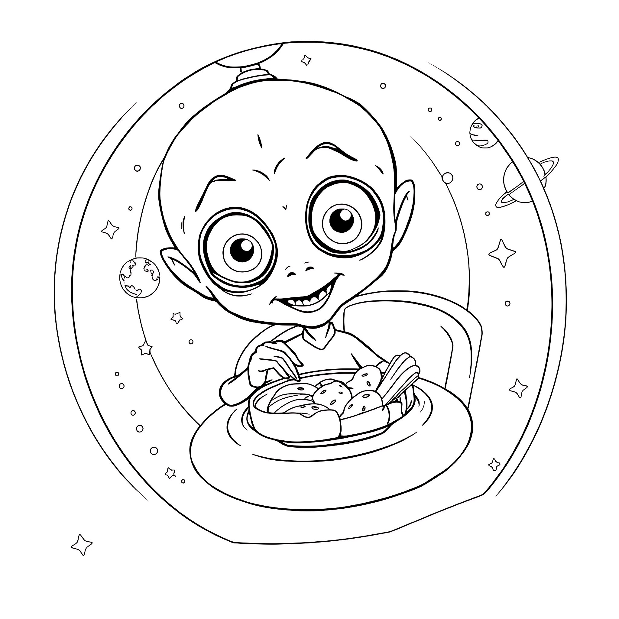Alien enjoying a space snack in the cosmos Coloring Page (free black-and-white line drawing printable PDF for all, from beginners to advanced learners, including children, teens, adults, and seniors)