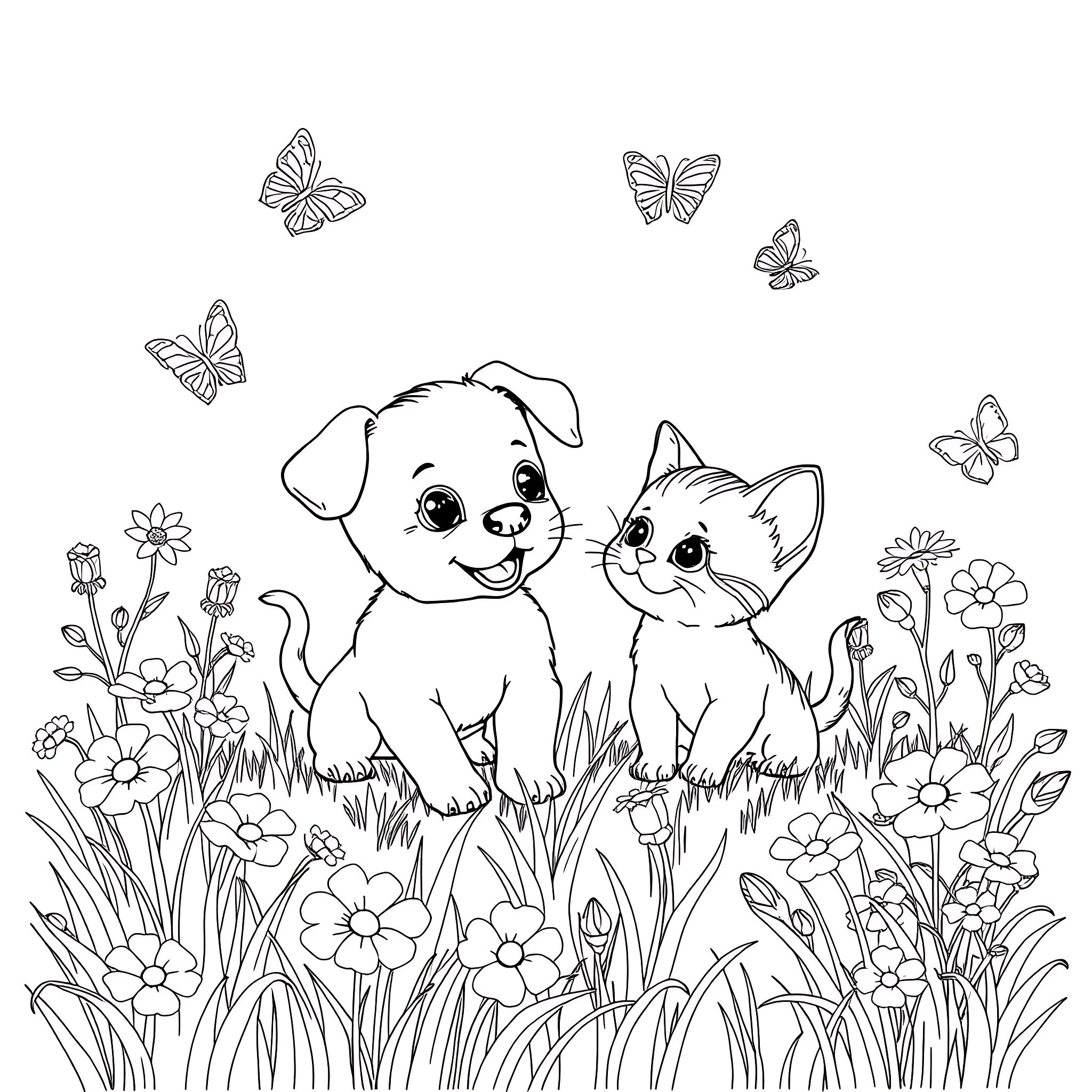 Puppy and kitten playing together in a floral garden Coloring Page (free black-and-white line drawing printable PDF for all, from beginners to advanced learners, including children, teens, adults, and seniors)