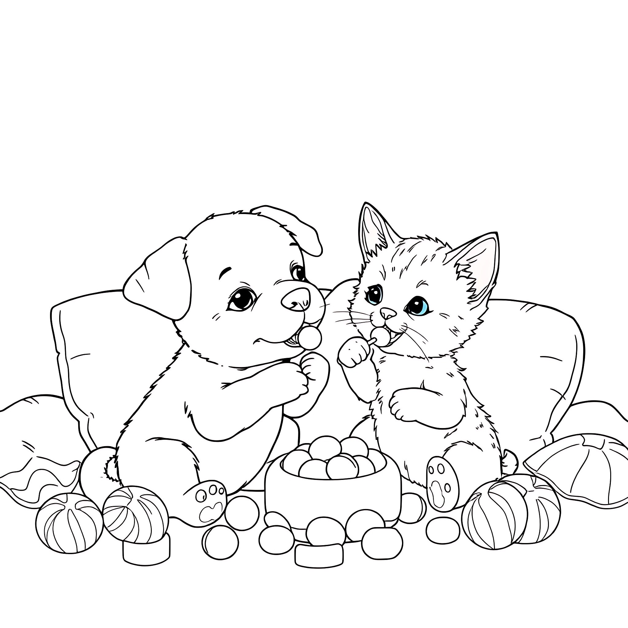 Puppy and kitten playing with toys and treats Coloring Page (free black-and-white line drawing printable PDF for all, from beginners to advanced learners, including children, teens, adults, and seniors)