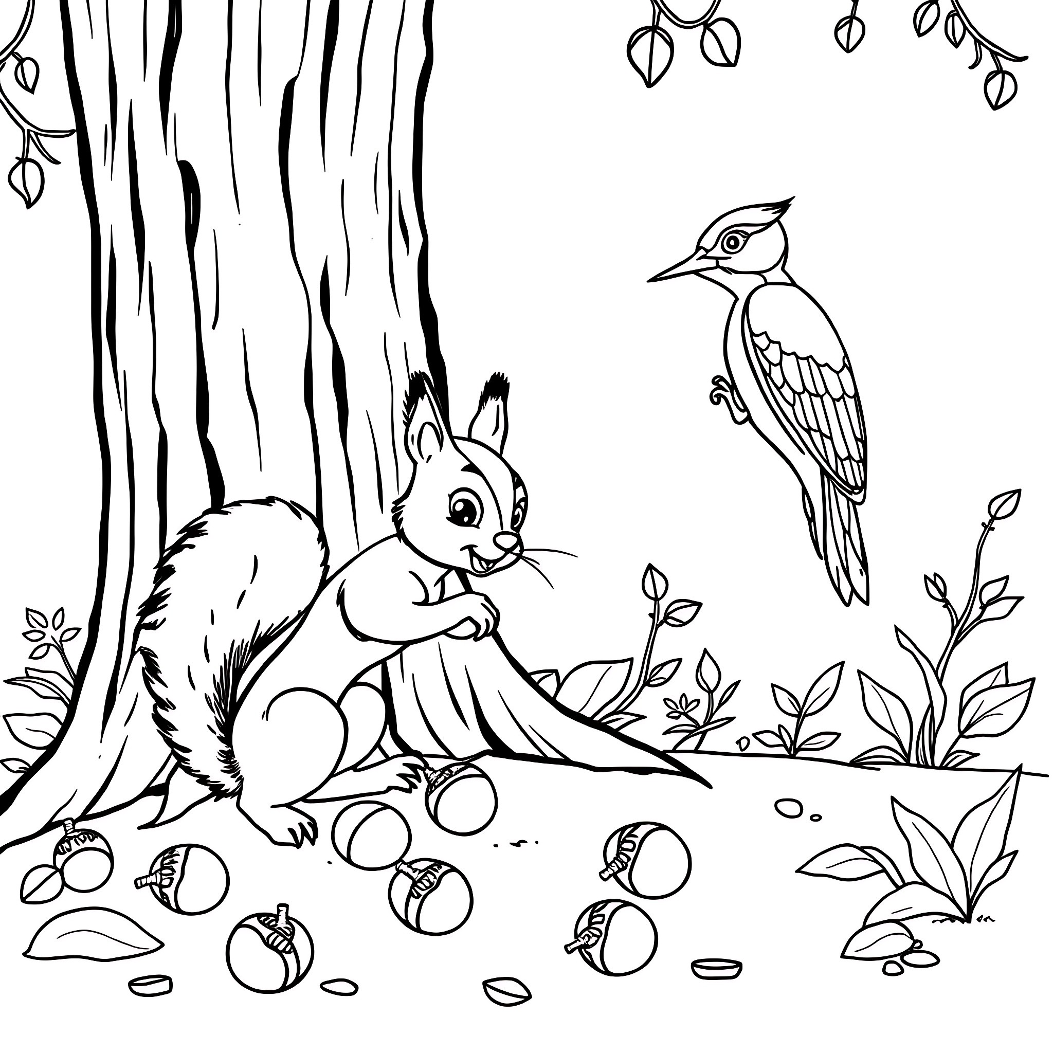Squirrel gathering nuts in the forest with a bird Coloring Page (free black-and-white line drawing printable PDF for all, from beginners to advanced learners, including children, teens, adults, and seniors)