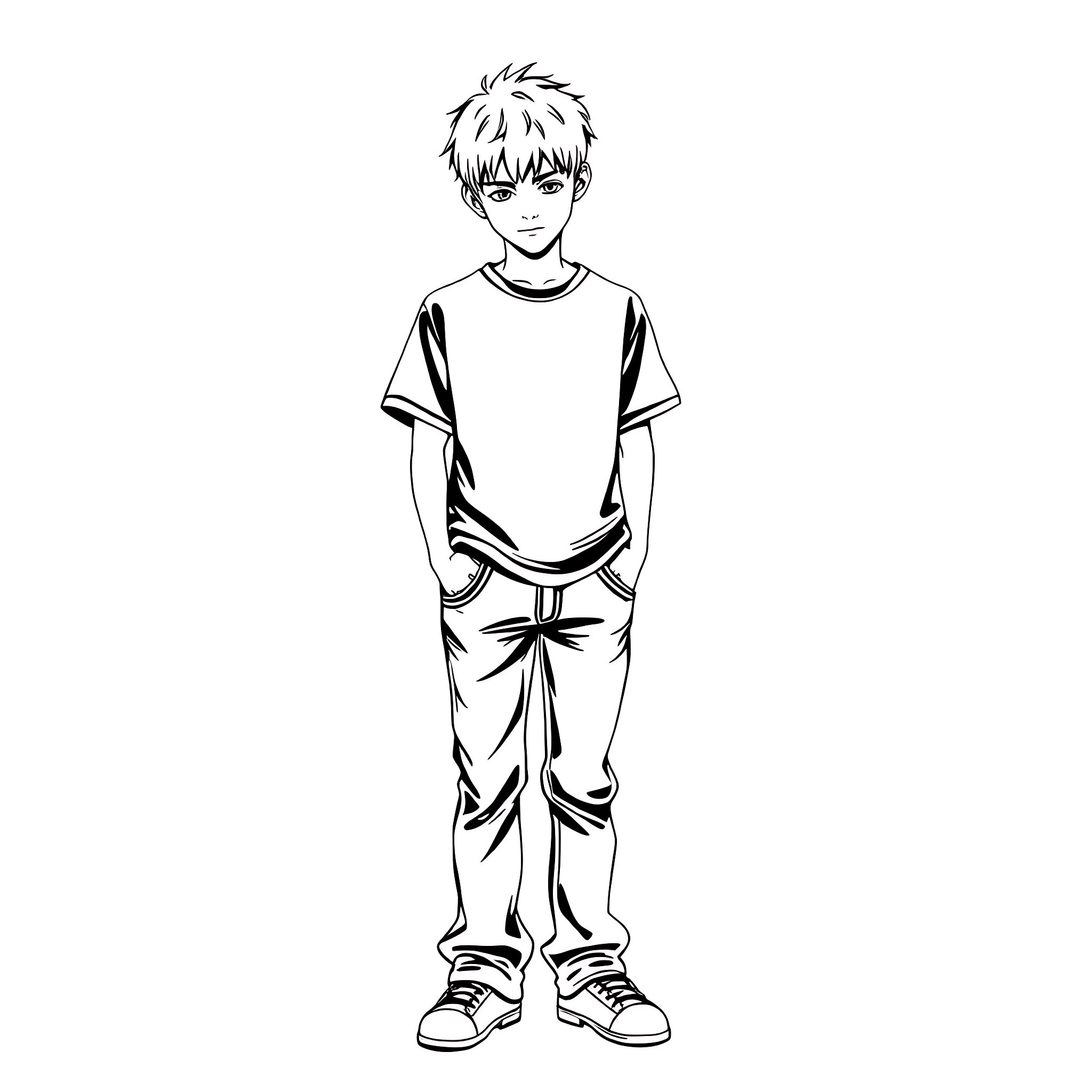 Emo Kid in casual outfit Coloring Page (free black-and-white line drawing printable PDF for all, from beginners to advanced learners, including children, teens, adults, and seniors)