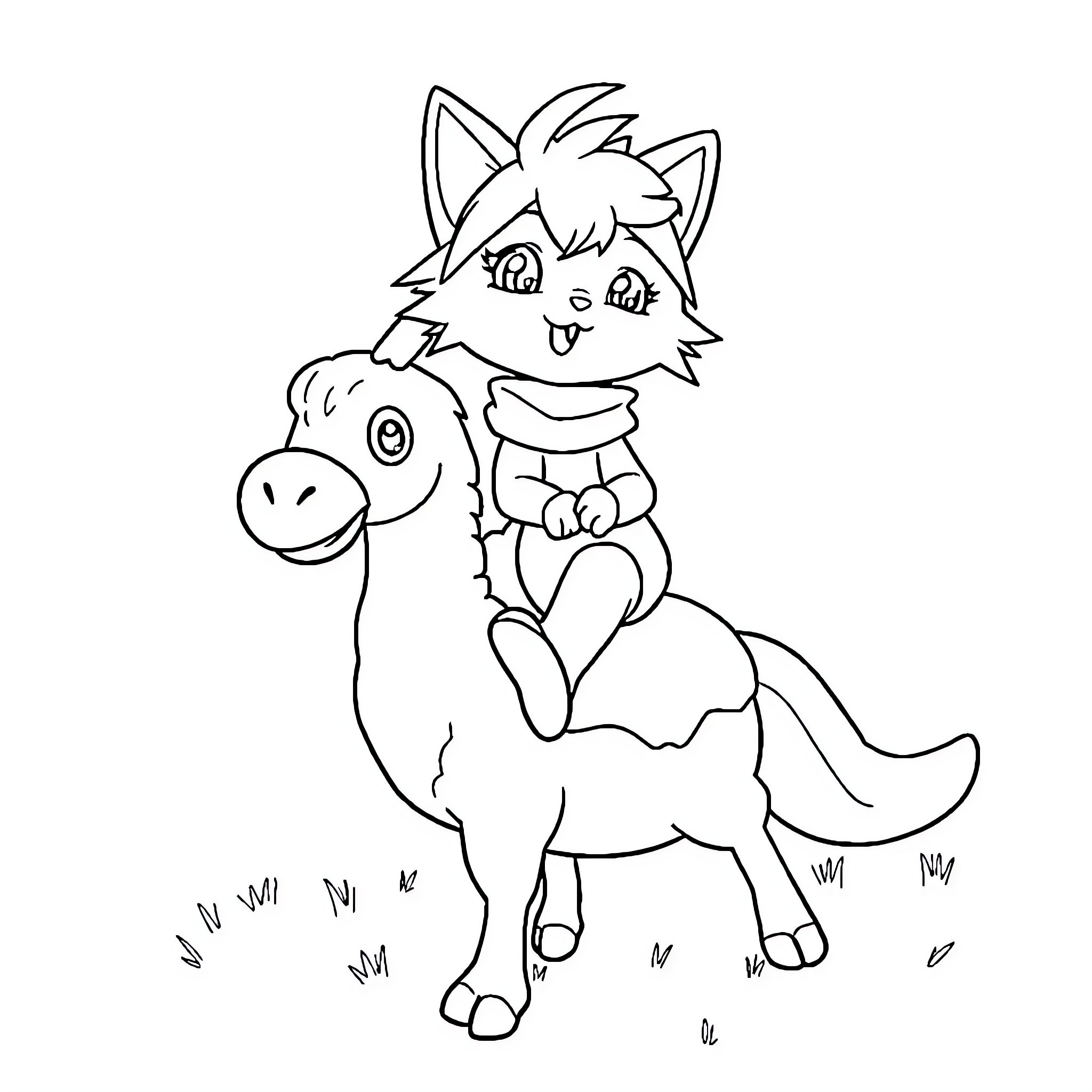 Mog riding a friendly horse Coloring Page (free black-and-white line drawing printable PDF for all, from beginners to advanced learners, including children, teens, adults, and seniors)