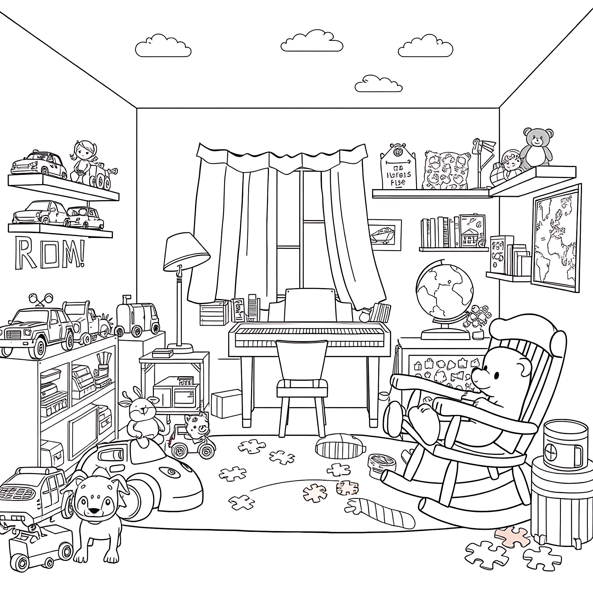 Toy-filled room with cozy atmosphere Coloring Page (free black-and-white line drawing printable PDF for all, from beginners to advanced learners, including children, teens, adults, and seniors)