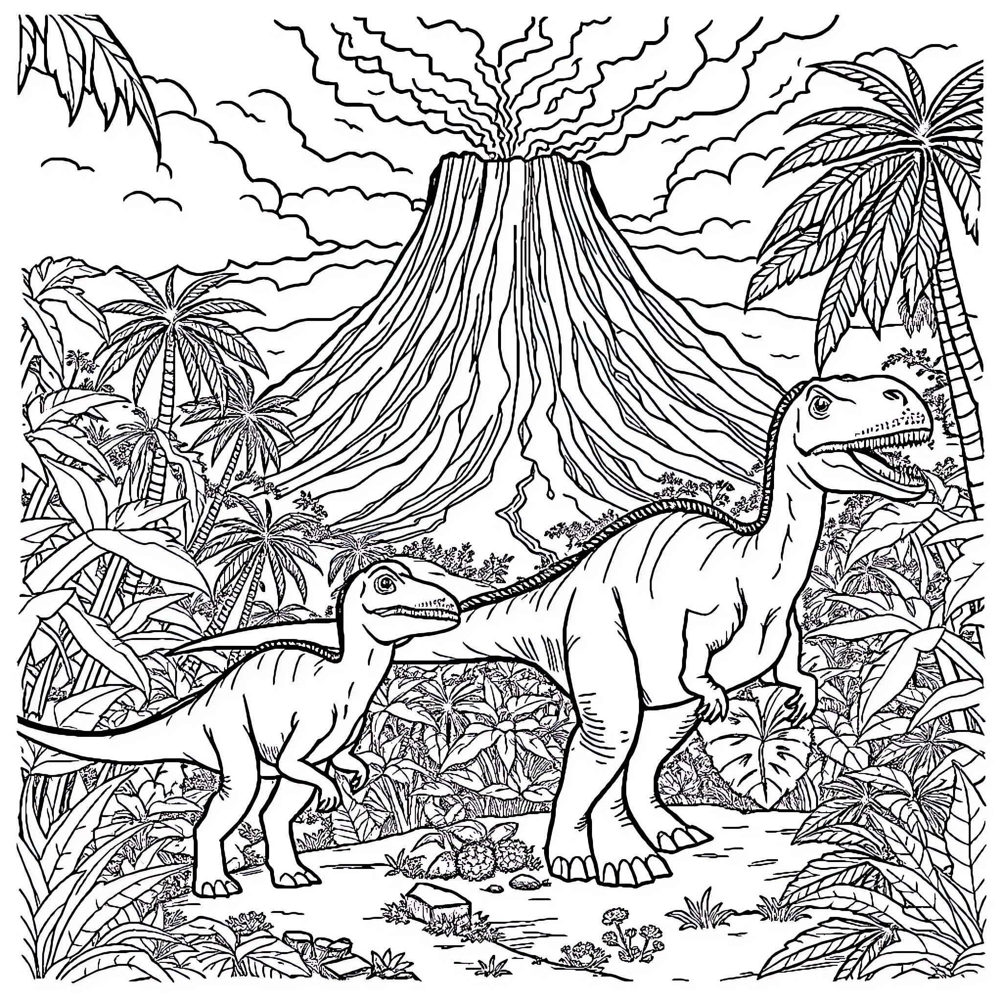Dinosaurs exploring a prehistoric landscape Coloring Page (free black-and-white line drawing printable PDF for all, from beginners to advanced learners, including children, teens, adults, and seniors)