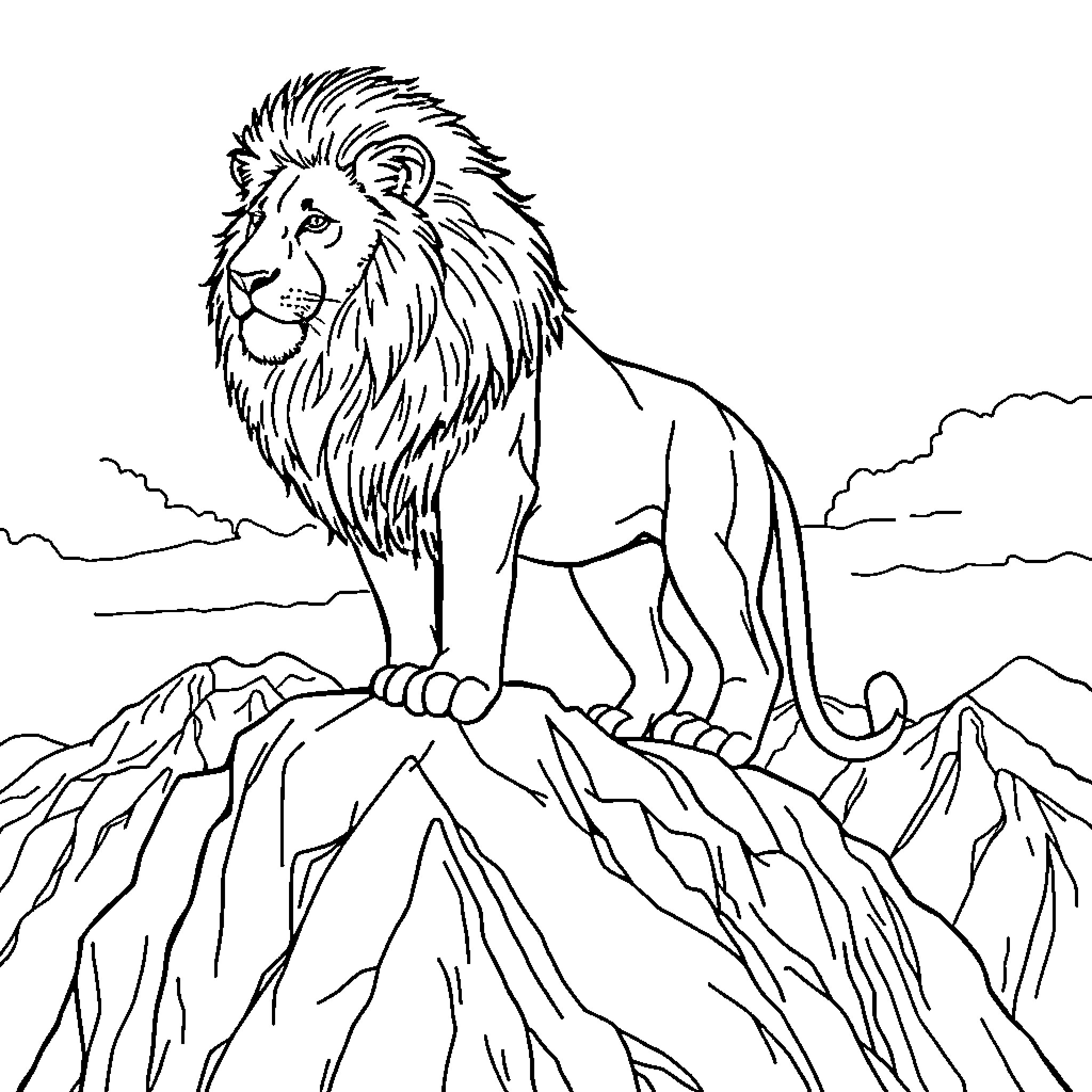 Lion standing atop a rocky mountain Coloring Page (free black-and-white line drawing printable PDF for all, from beginners to advanced learners, including children, teens, adults, and seniors)