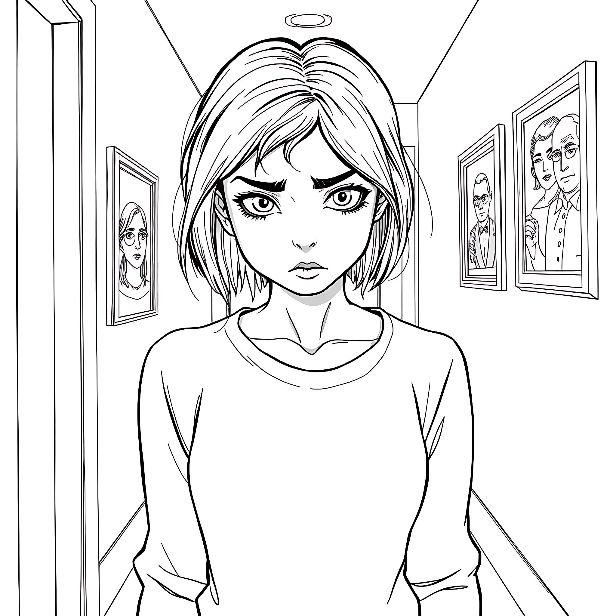 Daughter in a pensive moment Coloring Page (free black-and-white line drawing printable PDF for all, from beginners to advanced learners, including children, teens, adults, and seniors)