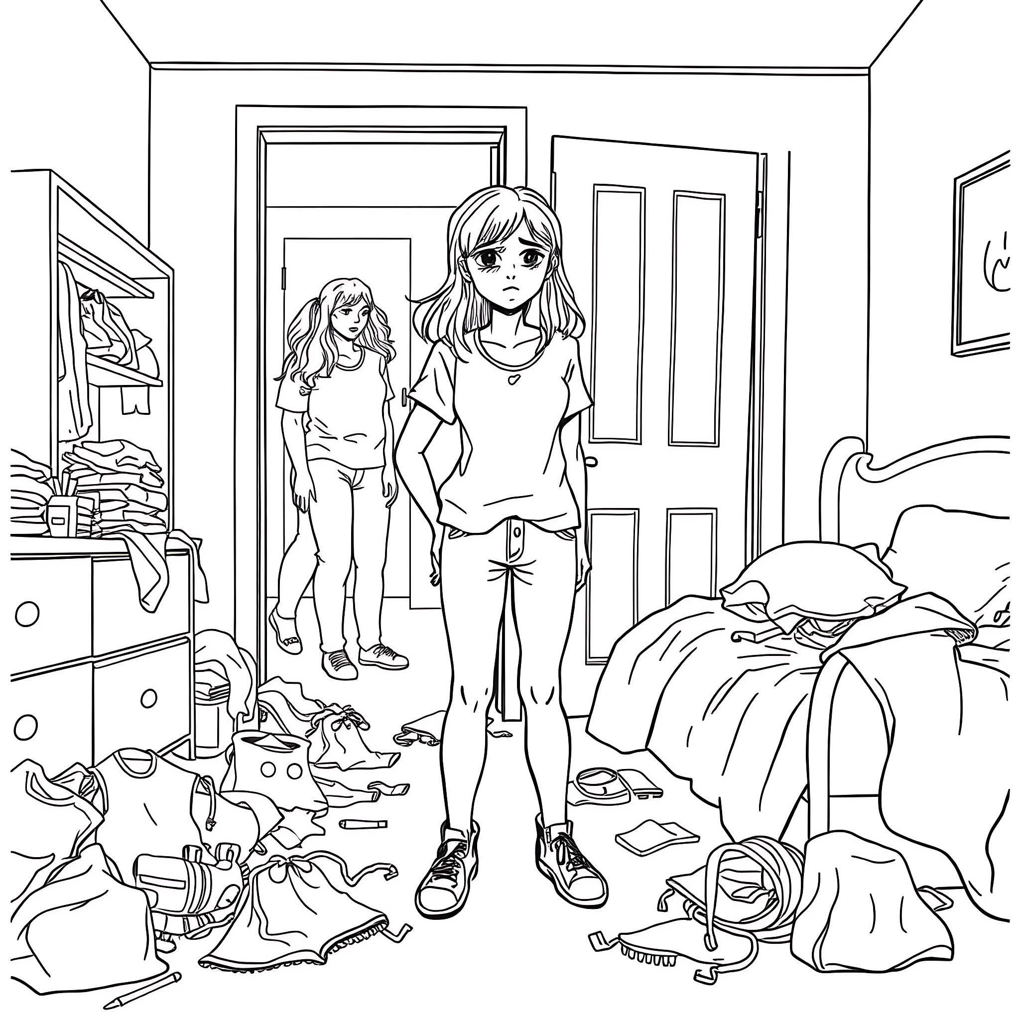 Teen Daughter Cleaning Her Messy Bedroom Coloring Page (free black-and-white line drawing printable PDF for all, from beginners to advanced learners, including children, teens, adults, and seniors)