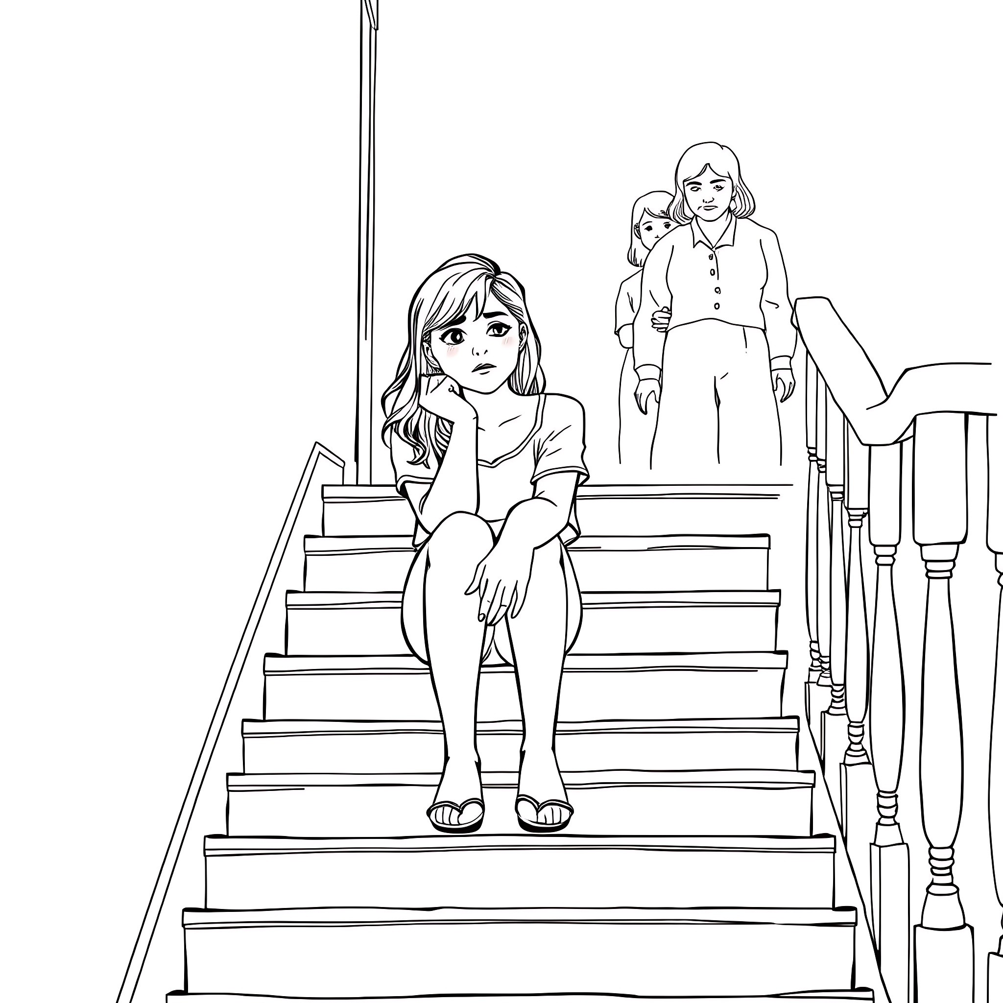 Daughter Sitting Alone on Stairs, Adult Figure in Background Coloring Page (free black-and-white line drawing printable PDF for all, from beginners to advanced learners, including children, teens, adults, and seniors)