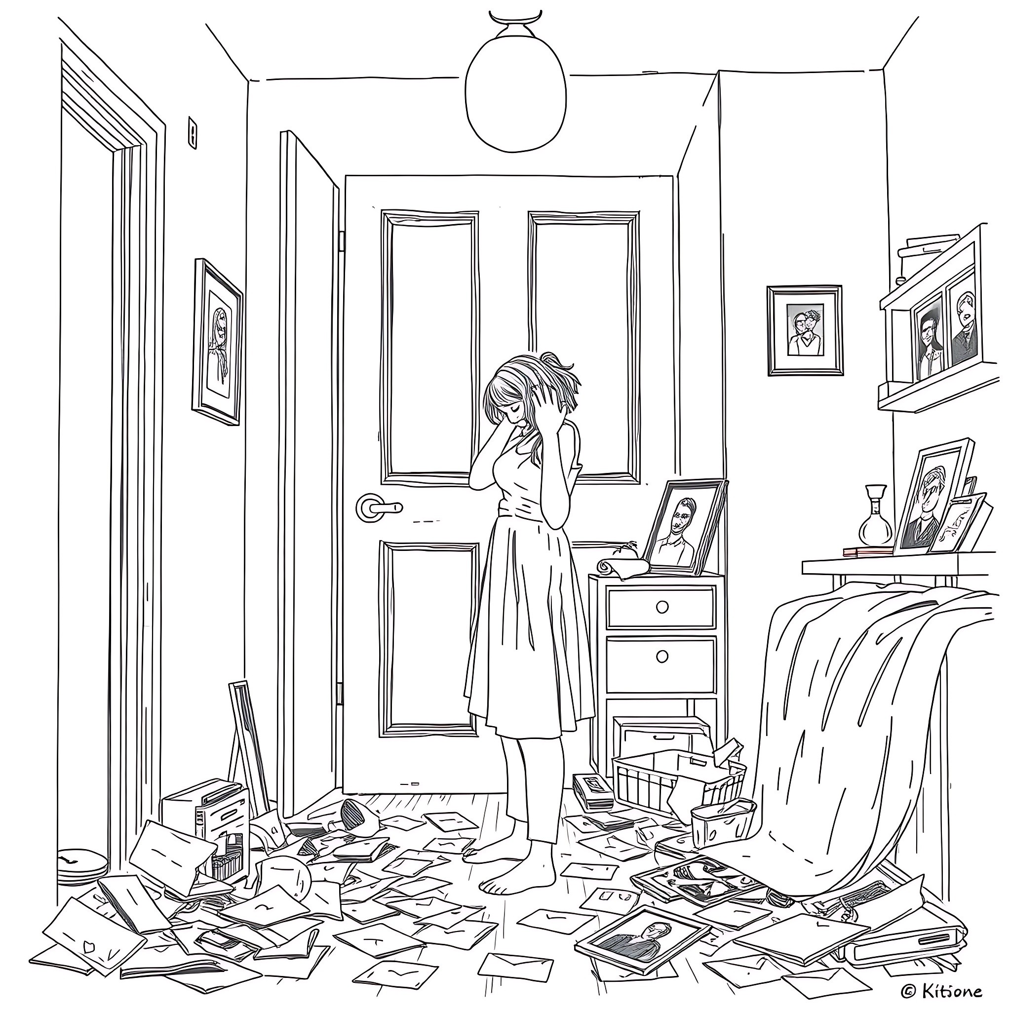 Daughter dealing with messy and overwhelming situation Coloring Page (free black-and-white line drawing printable PDF for all, from beginners to advanced learners, including children, teens, adults, and seniors)