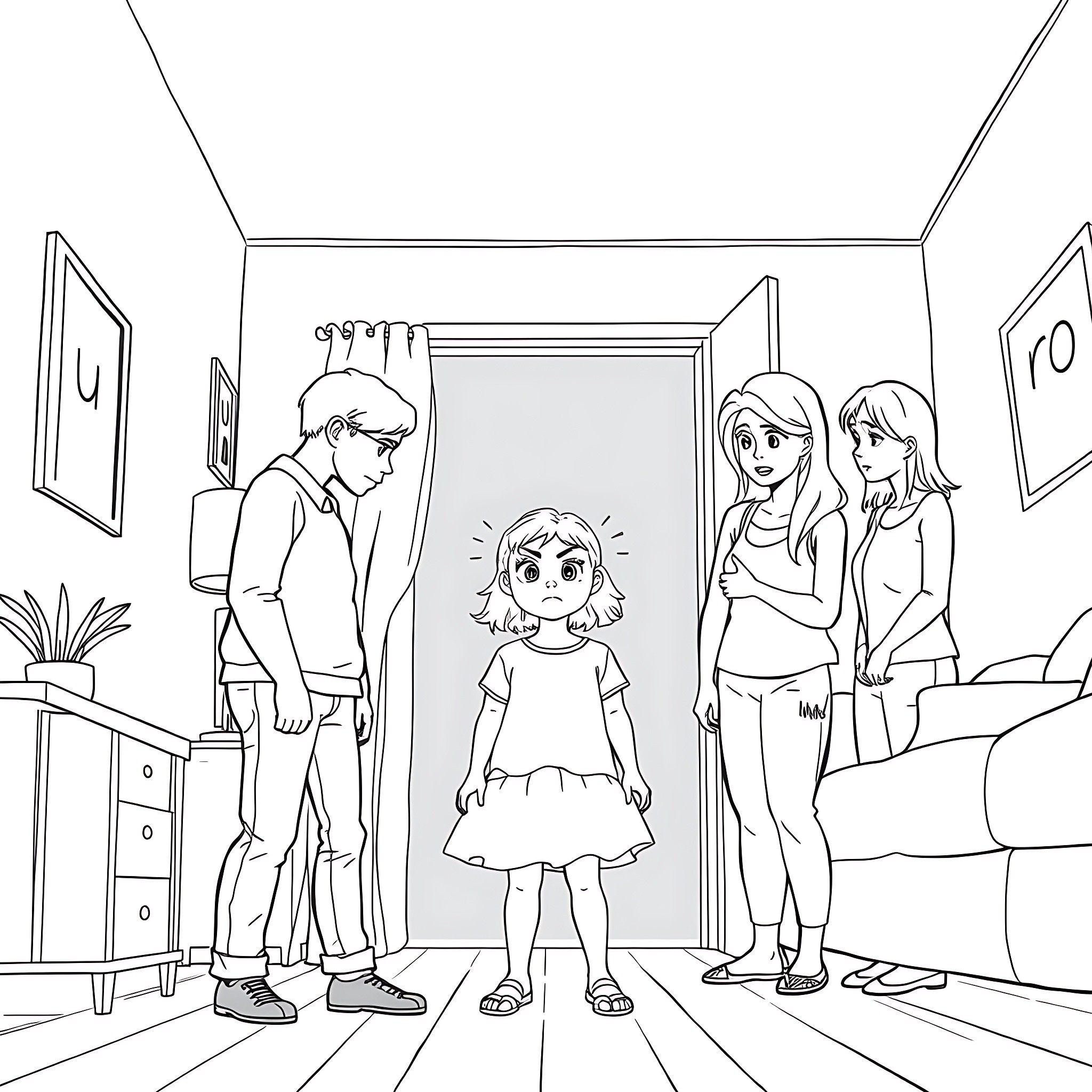 Daughter's Playful Moments at Home Coloring Page (free black-and-white line drawing printable PDF for all, from beginners to advanced learners, including children, teens, adults, and seniors)