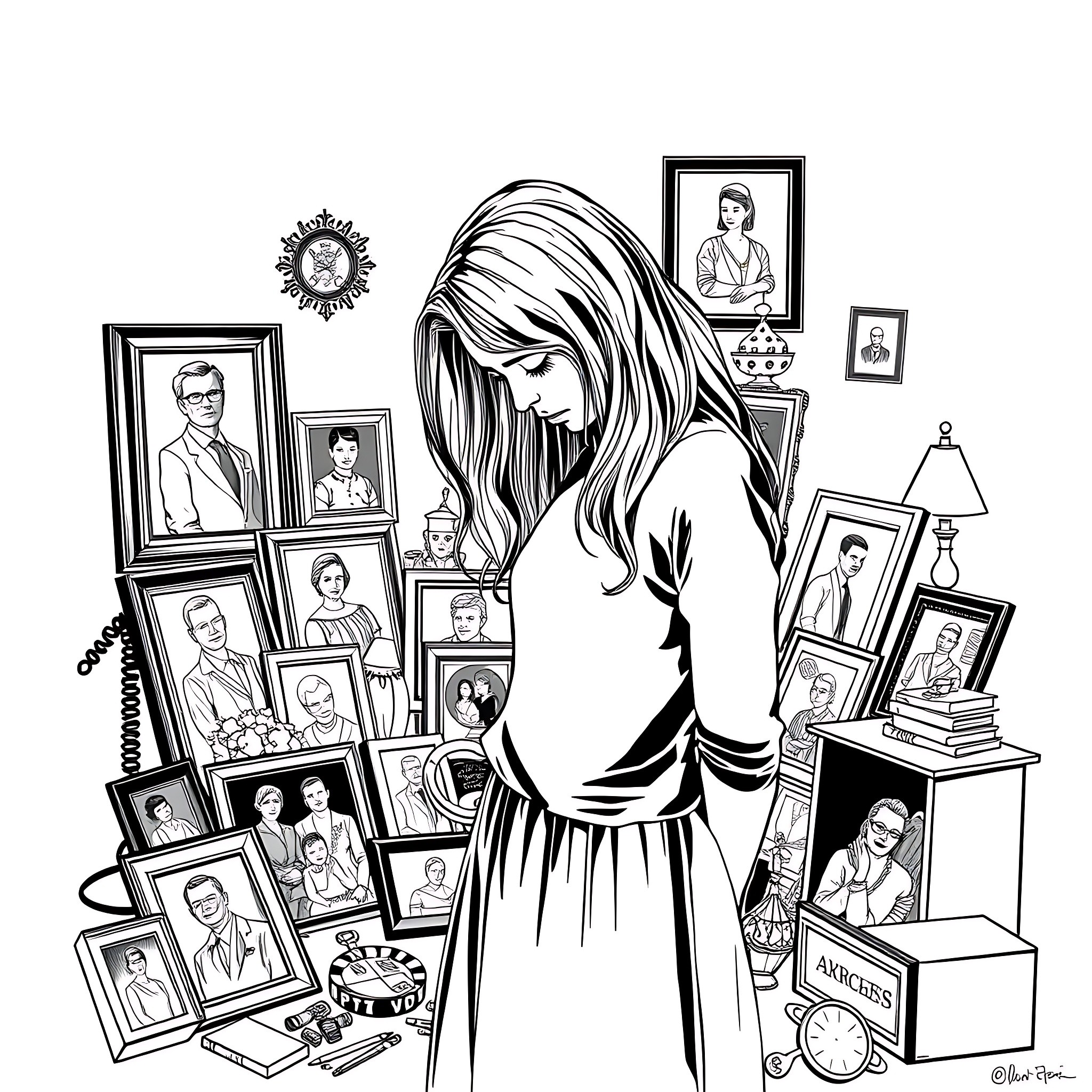 Daughter reflecting on family photos Coloring Page (free black-and-white line drawing printable PDF for all, from beginners to advanced learners, including children, teens, adults, and seniors)