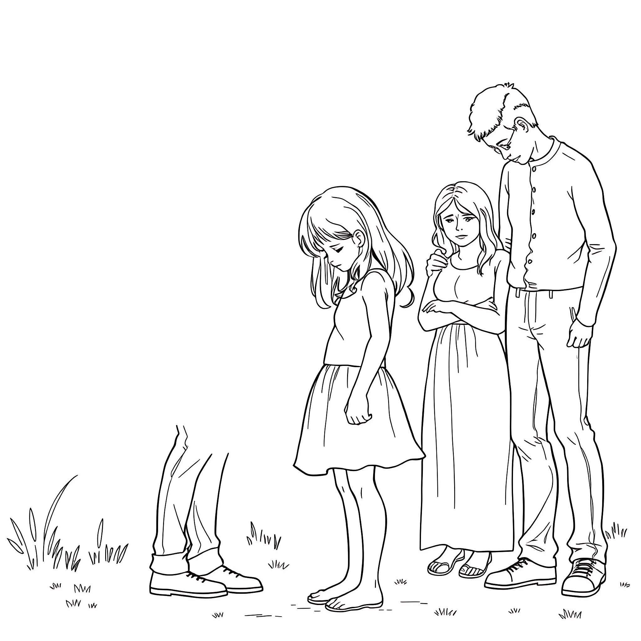 Daughter with parents in natural setting Coloring Page (free black-and-white line drawing printable PDF for all, from beginners to advanced learners, including children, teens, adults, and seniors)