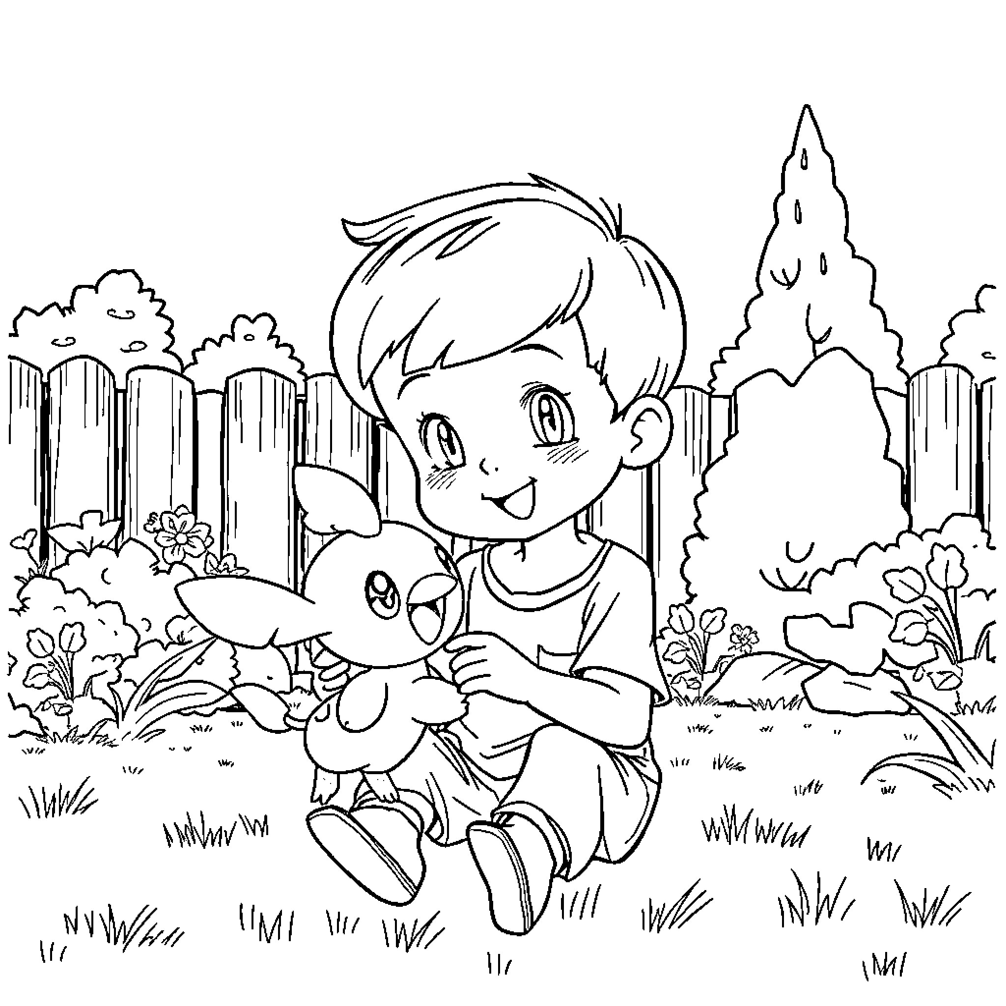 Boy playing with his pet in the garden Coloring Page (free black-and-white line drawing printable PDF for all, from beginners to advanced learners, including children, teens, adults, and seniors)