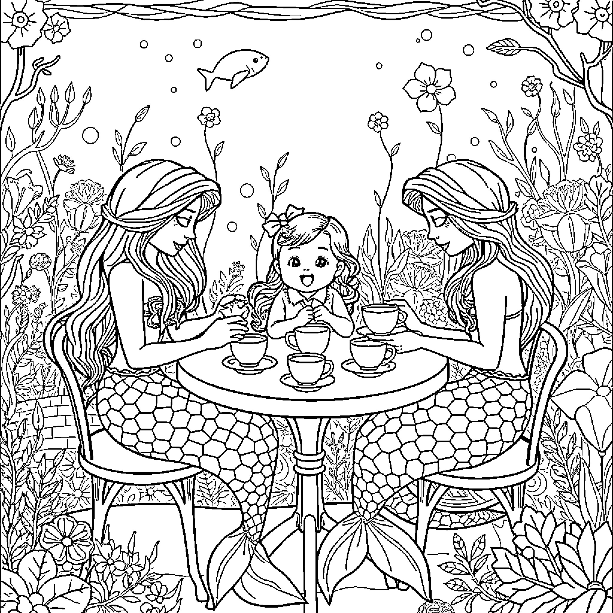 Mermaid friends enjoying tea party in underwater garden Coloring Page (free black-and-white line drawing printable PDF for all, from beginners to advanced learners, including children, teens, adults, and seniors)