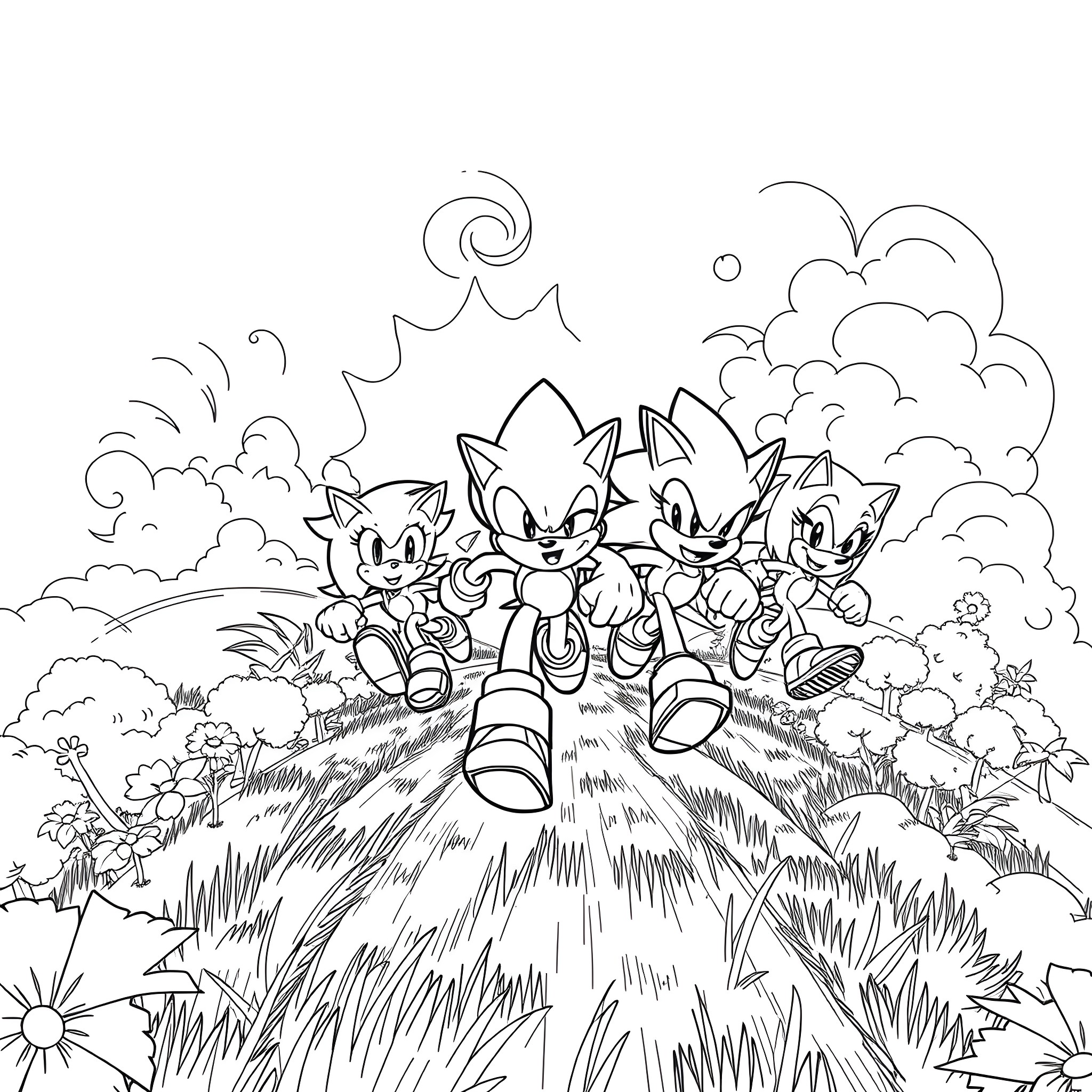 Sonic characters in an adventurous outdoor scene Coloring Page (free black-and-white line drawing printable PDF for all, from beginners to advanced learners, including children, teens, adults, and seniors)
