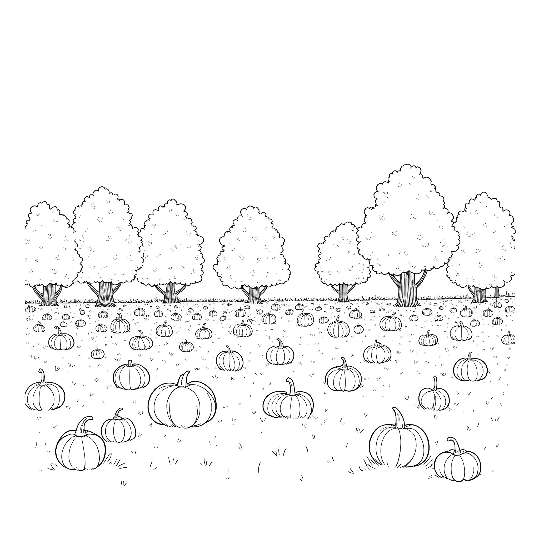 Pumpkin patch with trees in autumn landscape Coloring Page (free black-and-white line drawing printable PDF for all, from beginners to advanced learners, including children, teens, adults, and seniors)