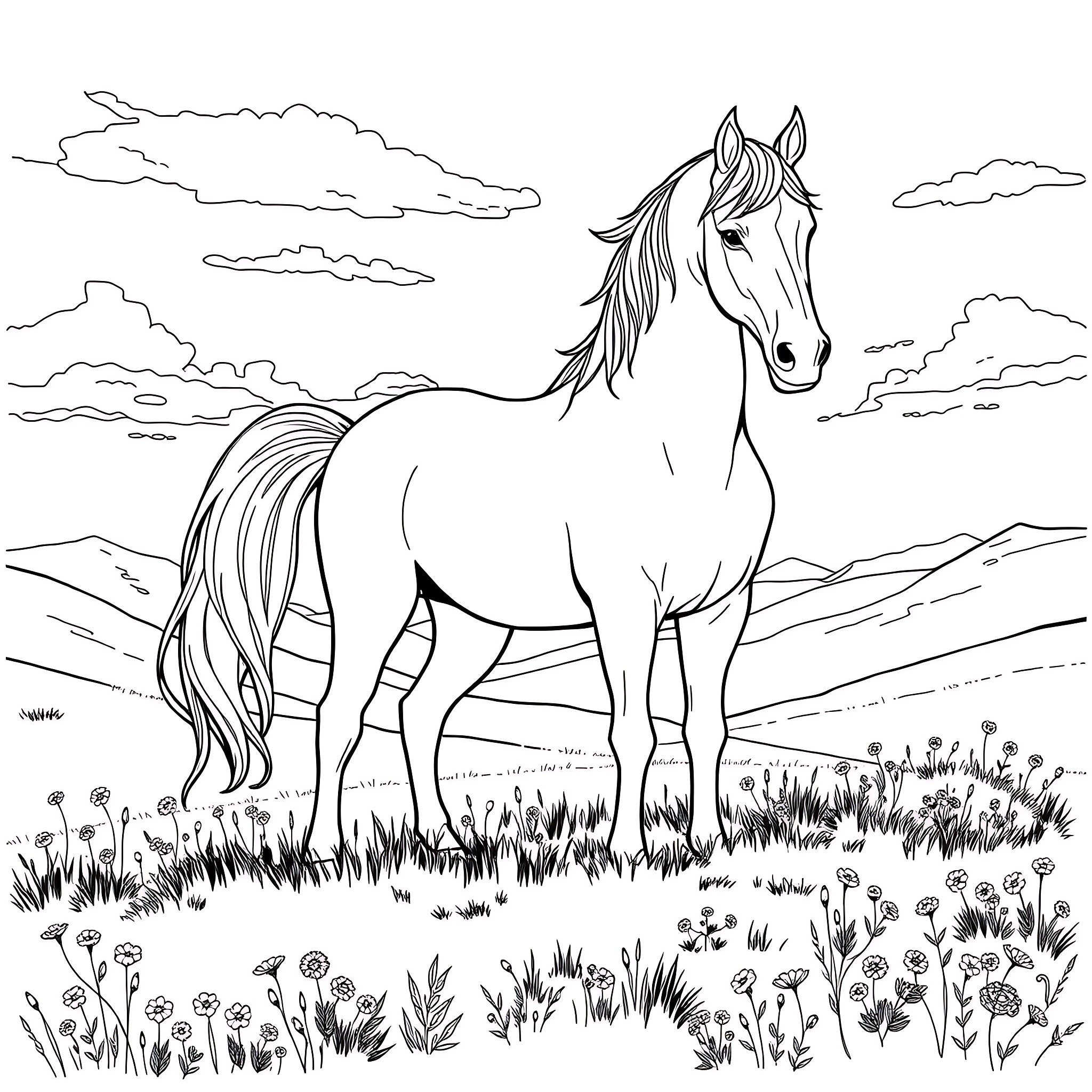 Horse standing in a meadow with flowers Coloring Page (free black-and-white line drawing printable PDF for all, from beginners to advanced learners, including children, teens, adults, and seniors)