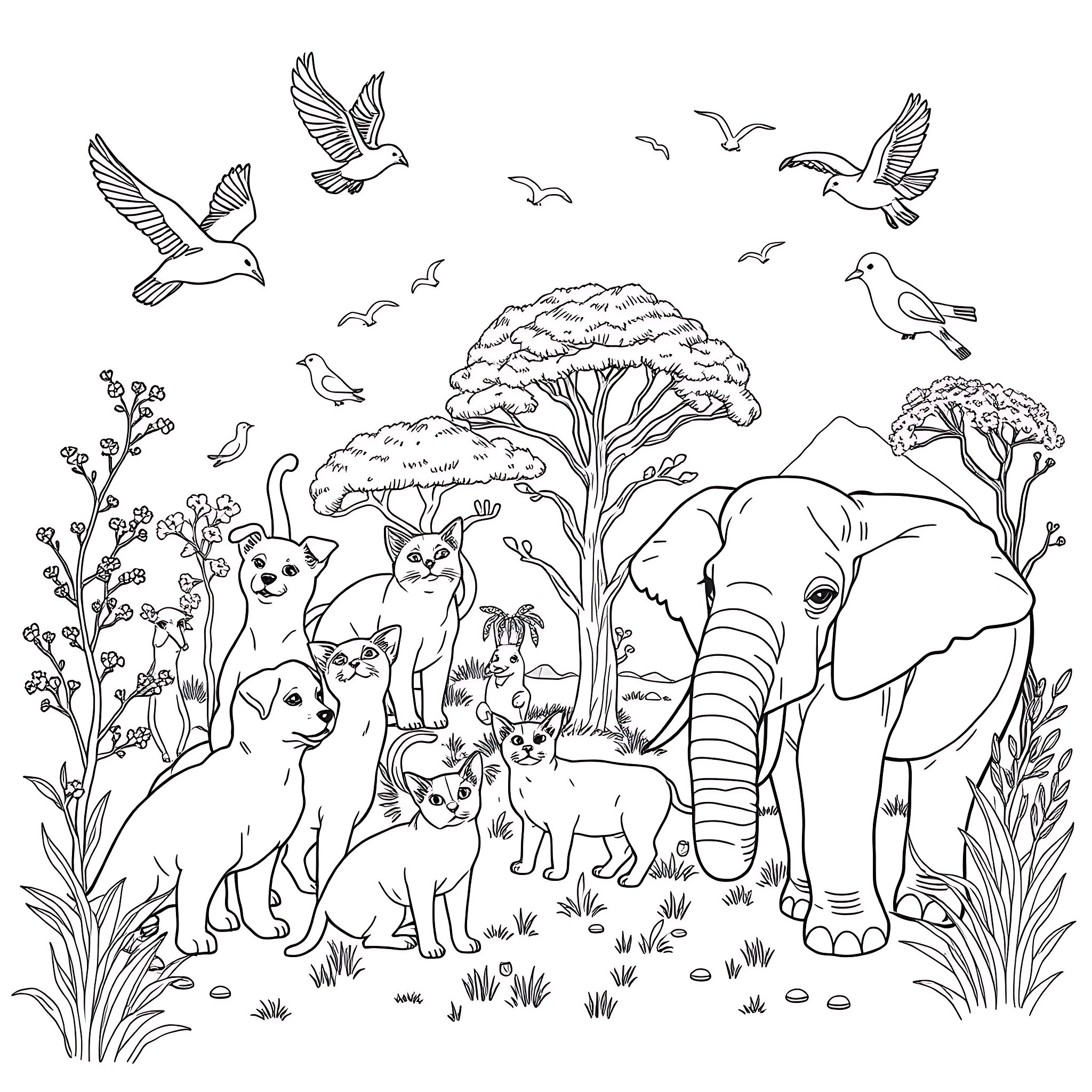 Animal family in the wild adventure Coloring Page (free black-and-white line drawing printable PDF for all, from beginners to advanced learners, including children, teens, adults, and seniors)