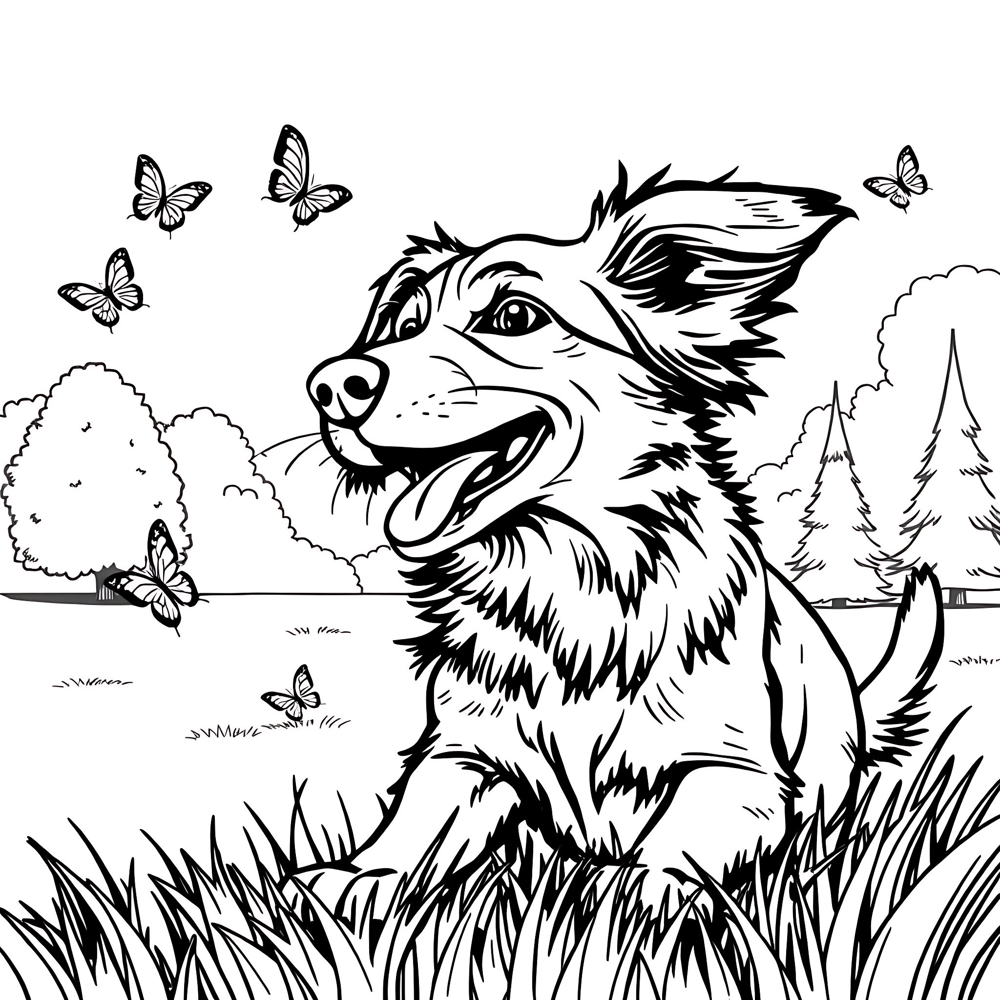 Dog happily frolicking in nature with butterflies Coloring Page (free black-and-white line drawing printable PDF for all, from beginners to advanced learners, including children, teens, adults, and seniors)