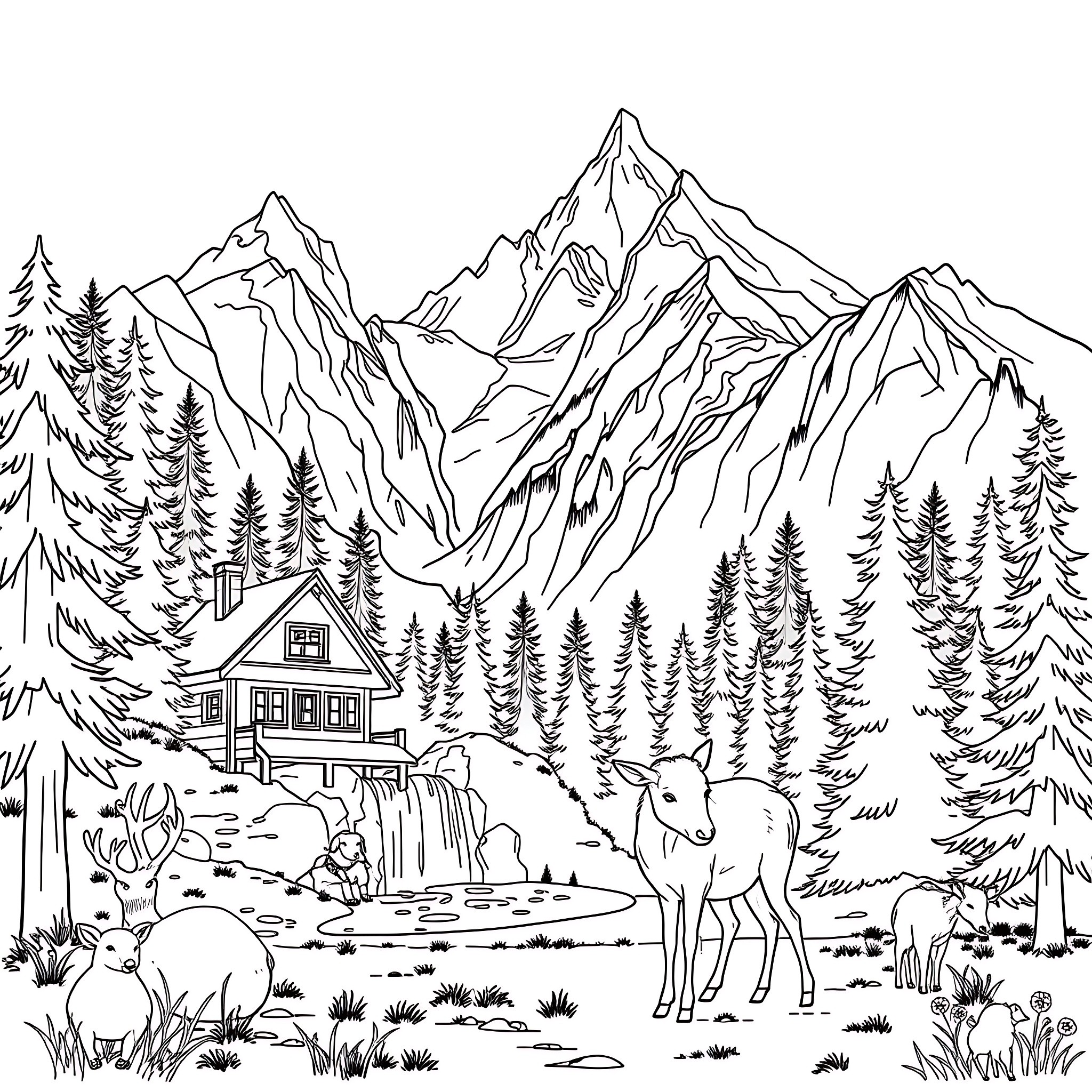 Cabin in the mountains with wildlife Coloring Page (free black-and-white line drawing printable PDF for all, from beginners to advanced learners, including children, teens, adults, and seniors)